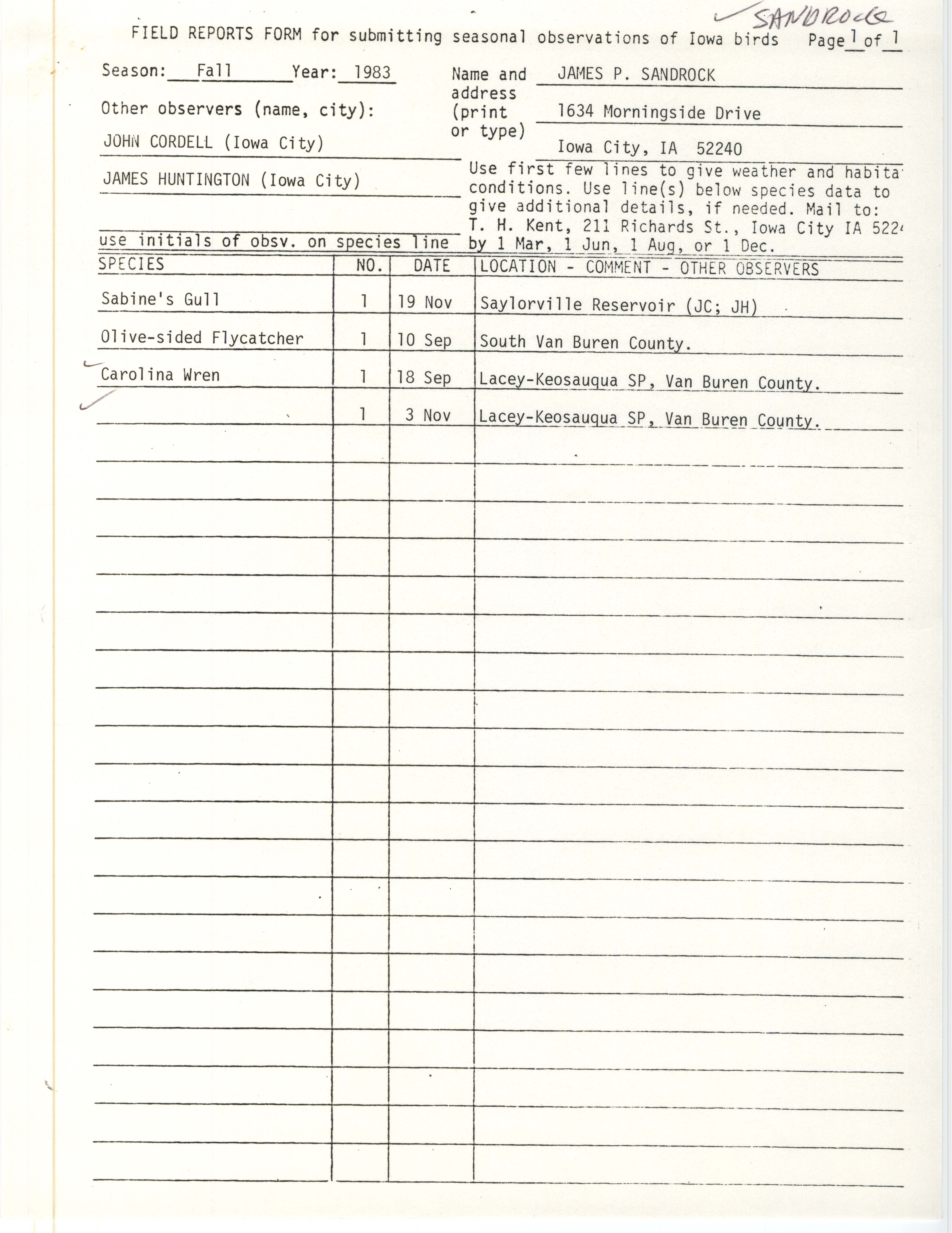 Field reports form for submitting seasonal observations of Iowa birds, James Sandrock, fall 1983