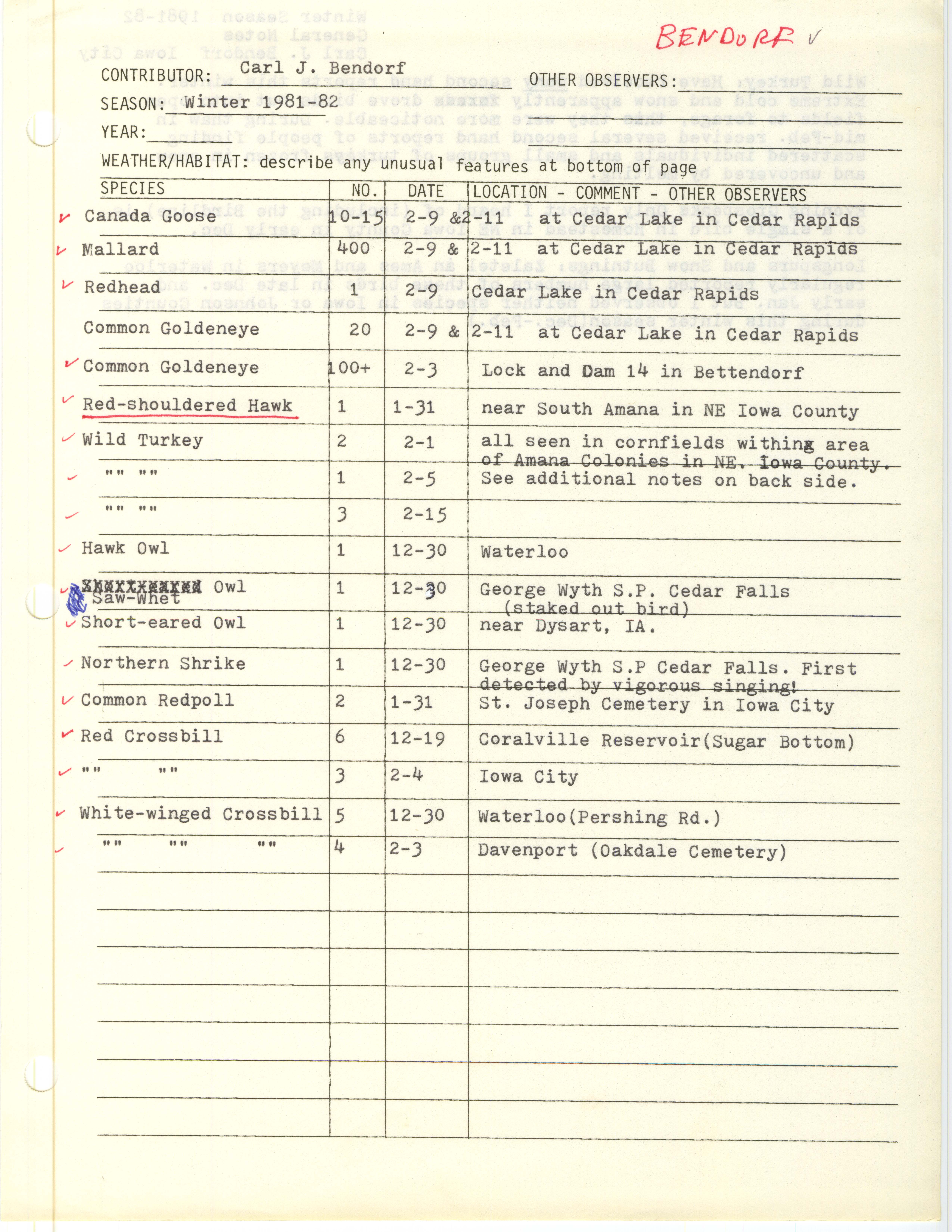 Field notes contributed by Carl J. Bendorf, winter 1981-1982