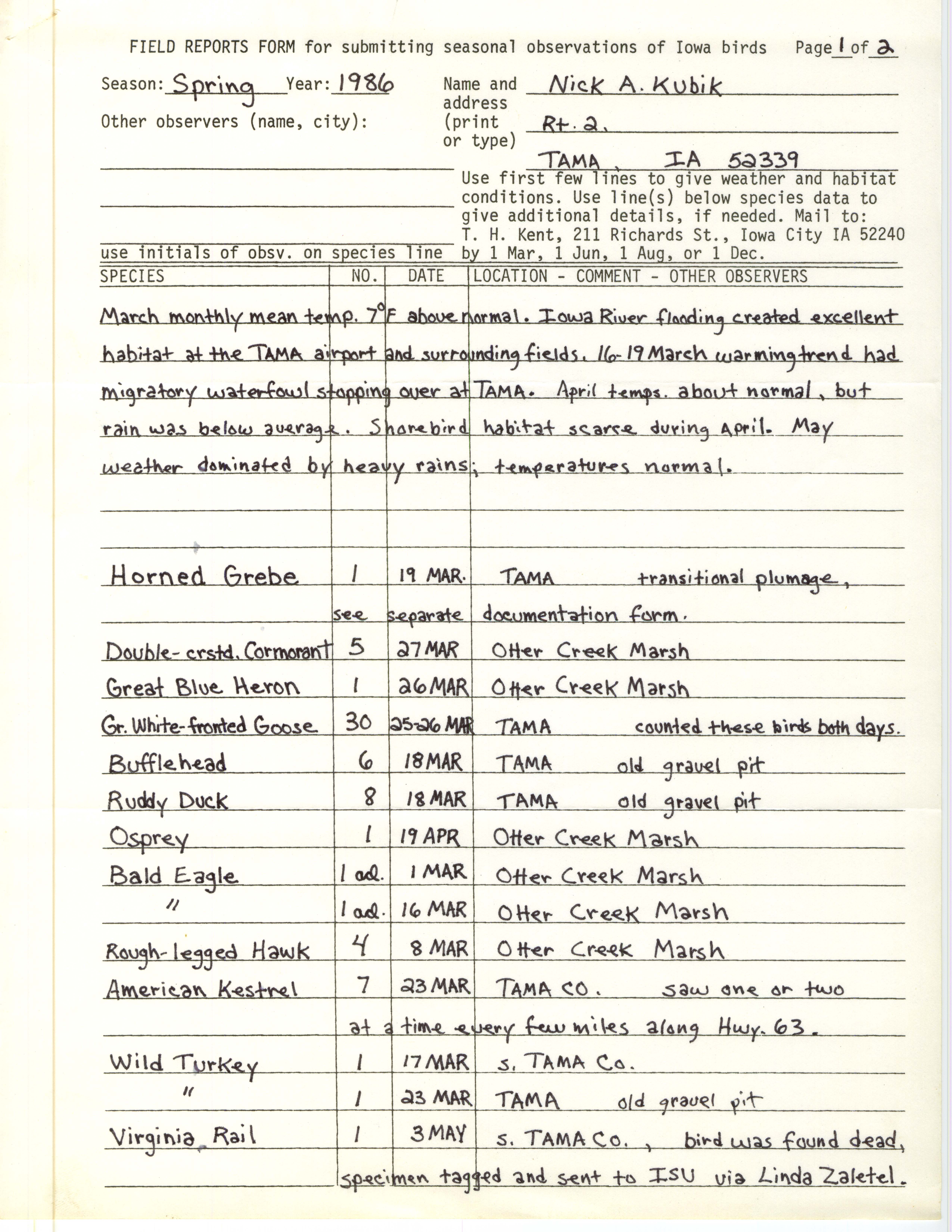 Field reports form for submitting seasonal observations of Iowa birds, Nick Kubik, Spring 1986