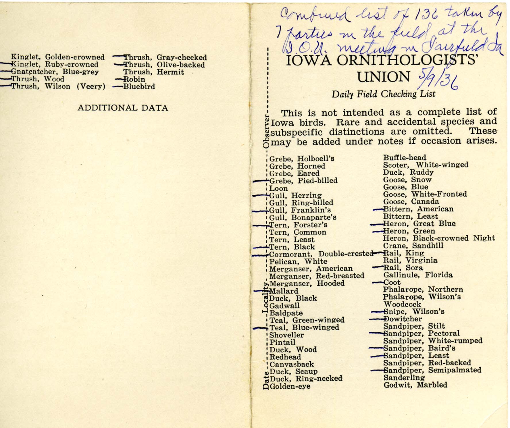 Daily field checking list by Walter Rosene, May 9, 1936