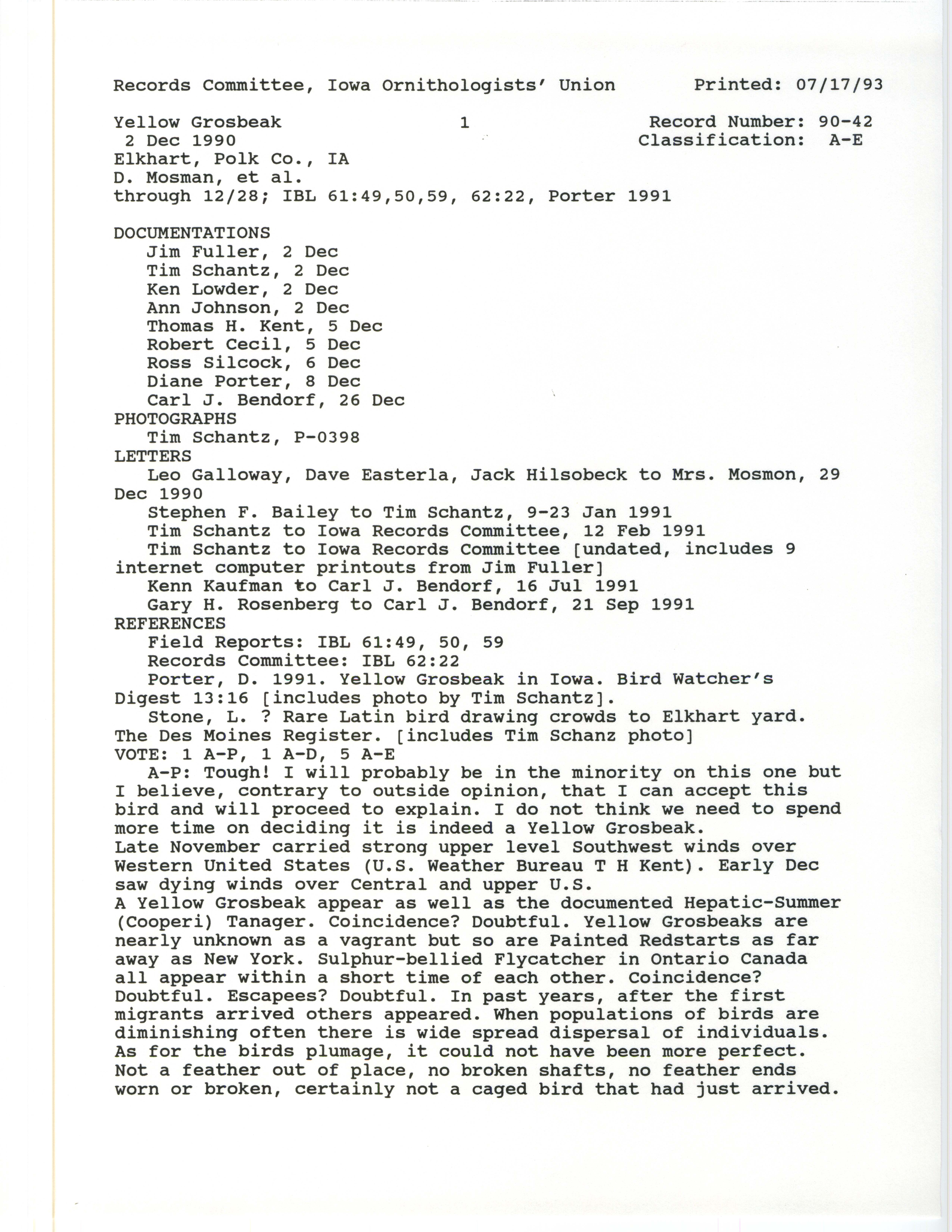 Records Committee review for rare bird sighting for Yellow Grosbeak near Elkhart, 1990