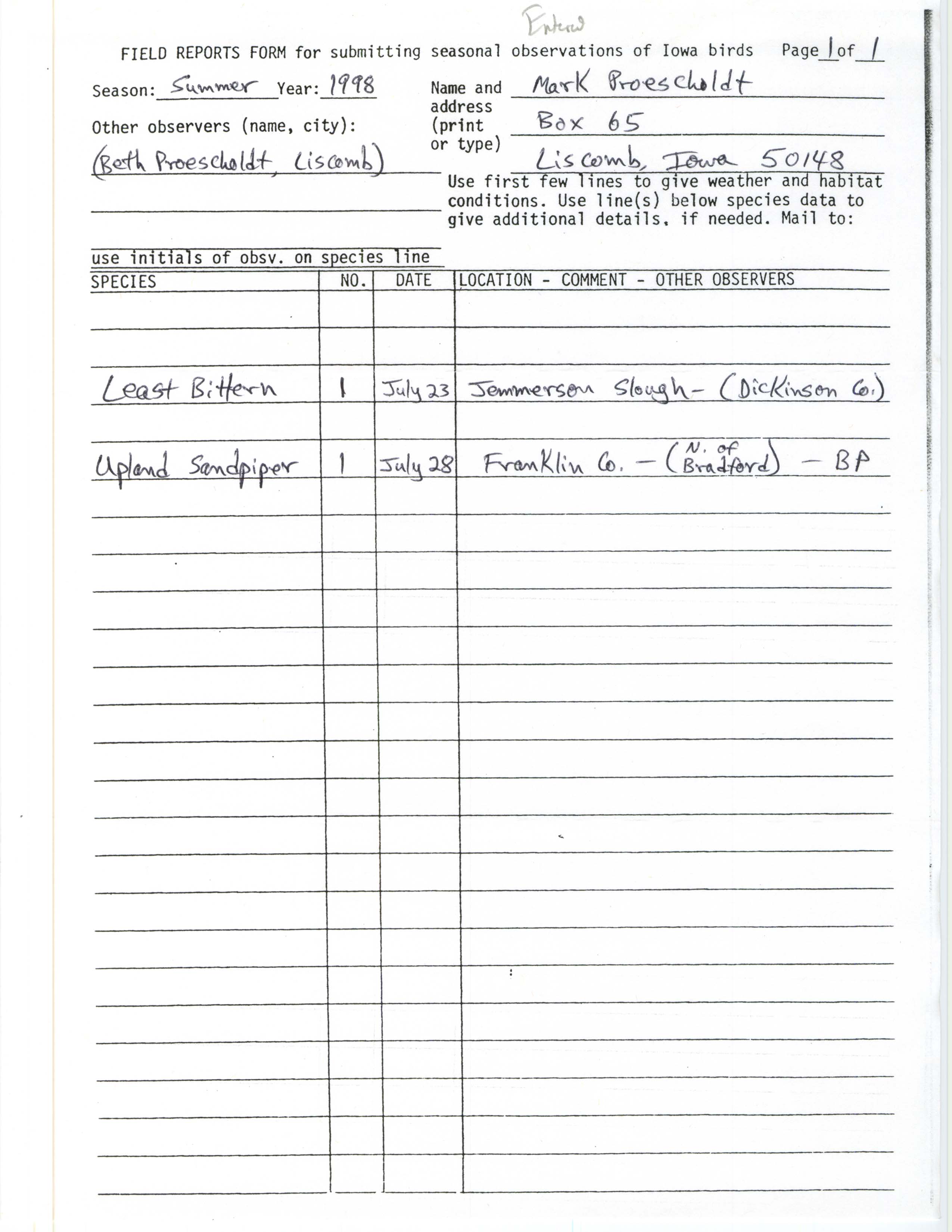 Field reports form for submitting seasonal observations of Iowa birds, Mark & Beth Proescholdt, summer 1998