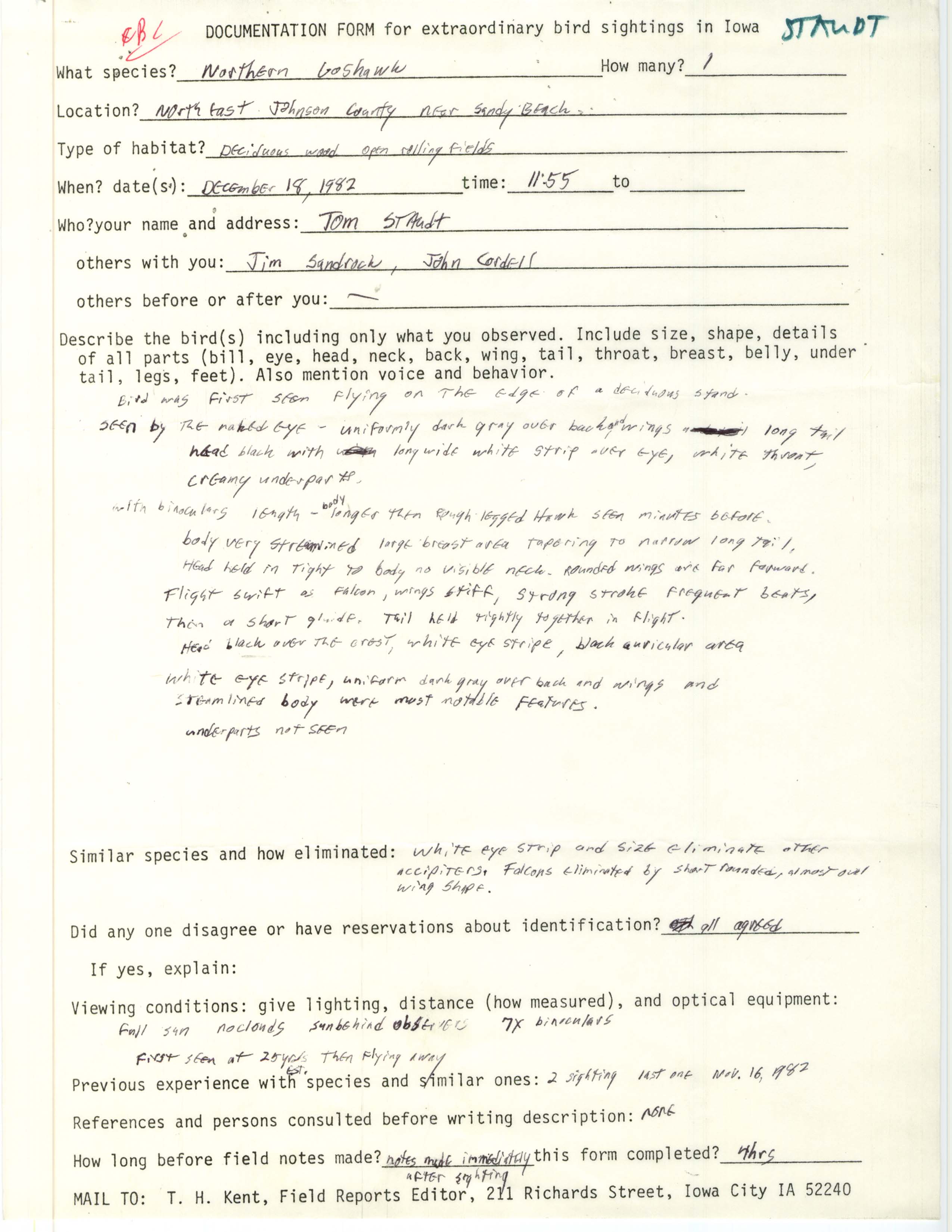 Rare bird documentation form for Northern Goshawk at Sandy Beach in Johnson County, 1982