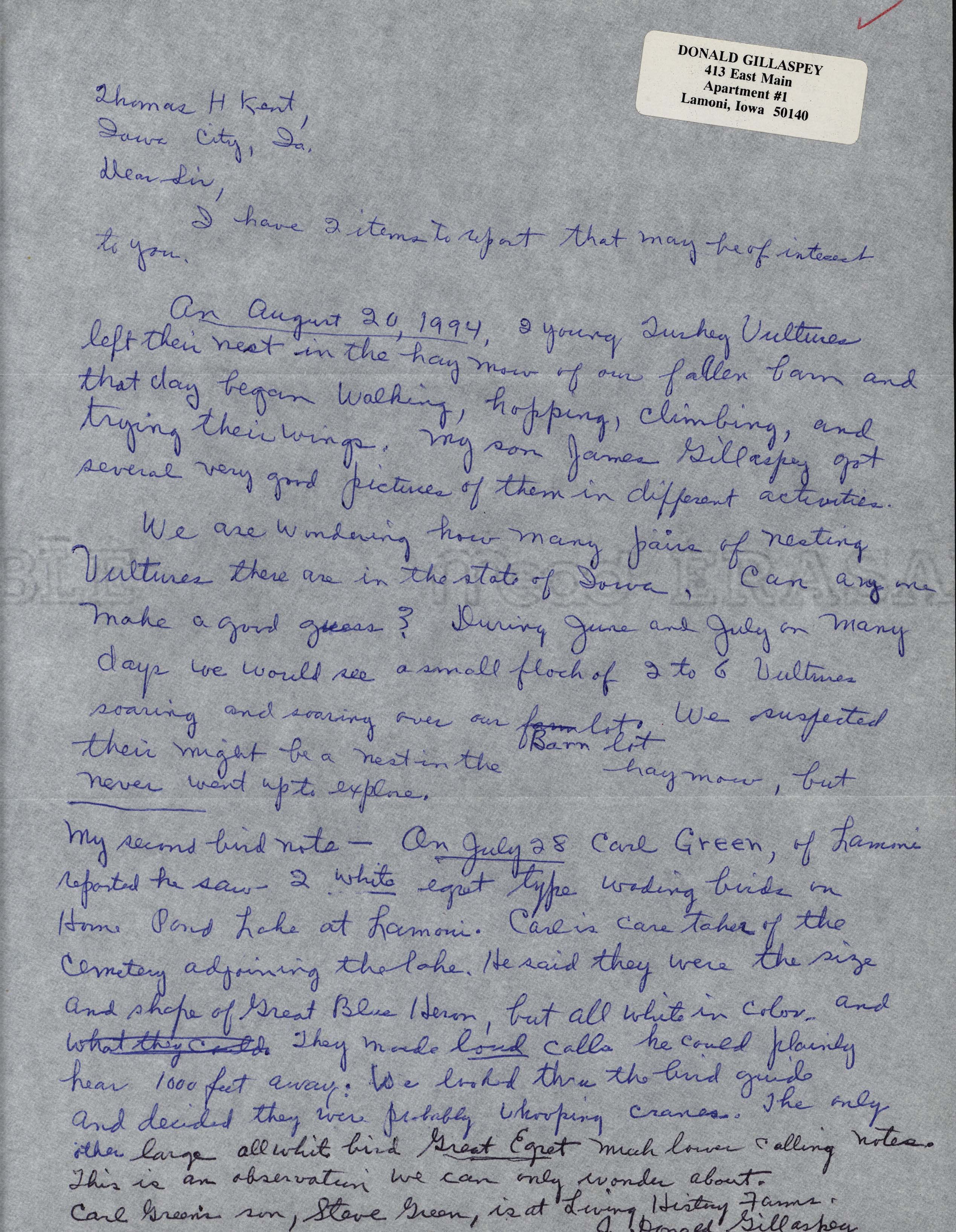 Donald Gillaspey letter to Thomas Kent regarding bird sightings, fall 1994