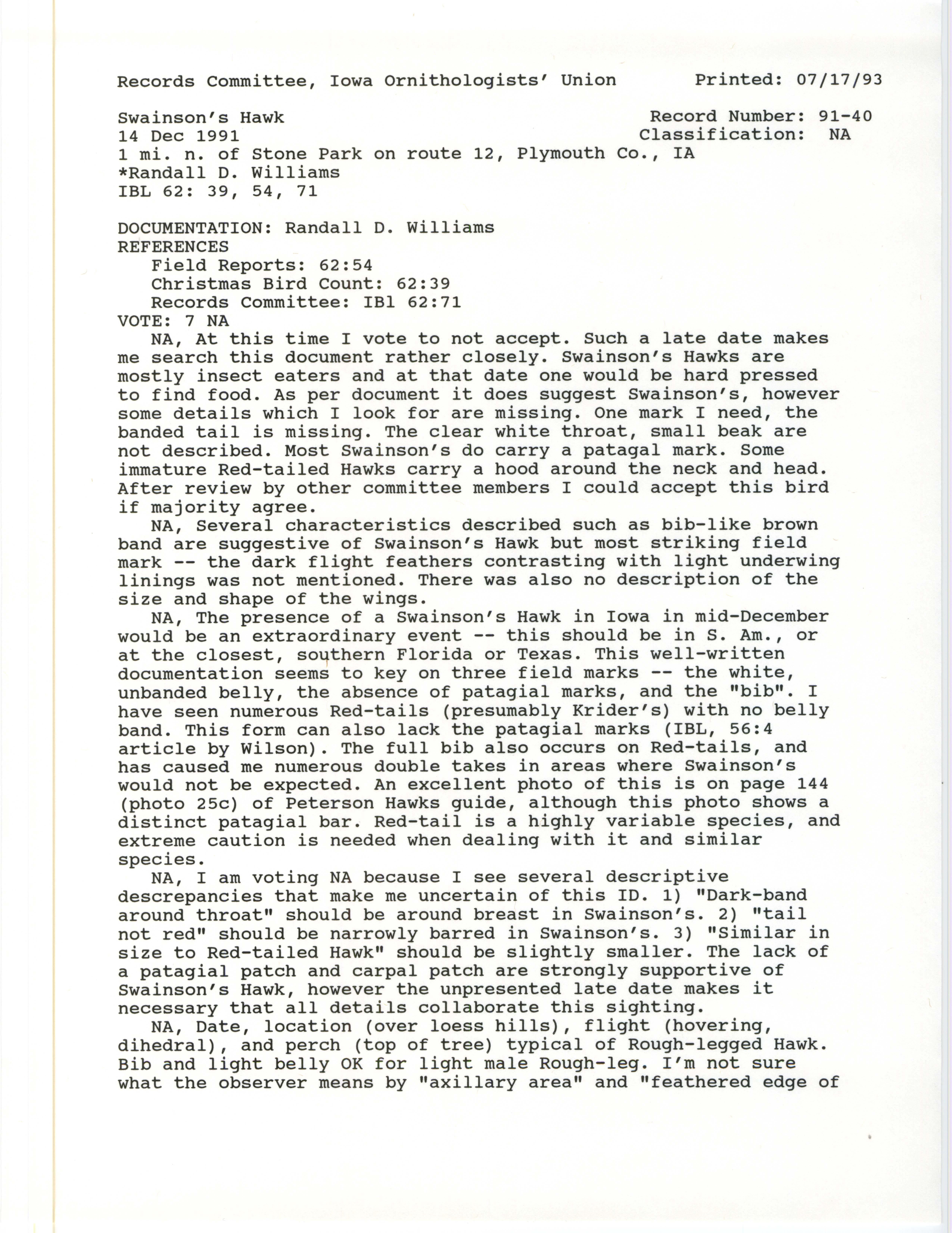 Records Committee review for rare bird sighting of Swainson's Hawk at Stone Park, 1991