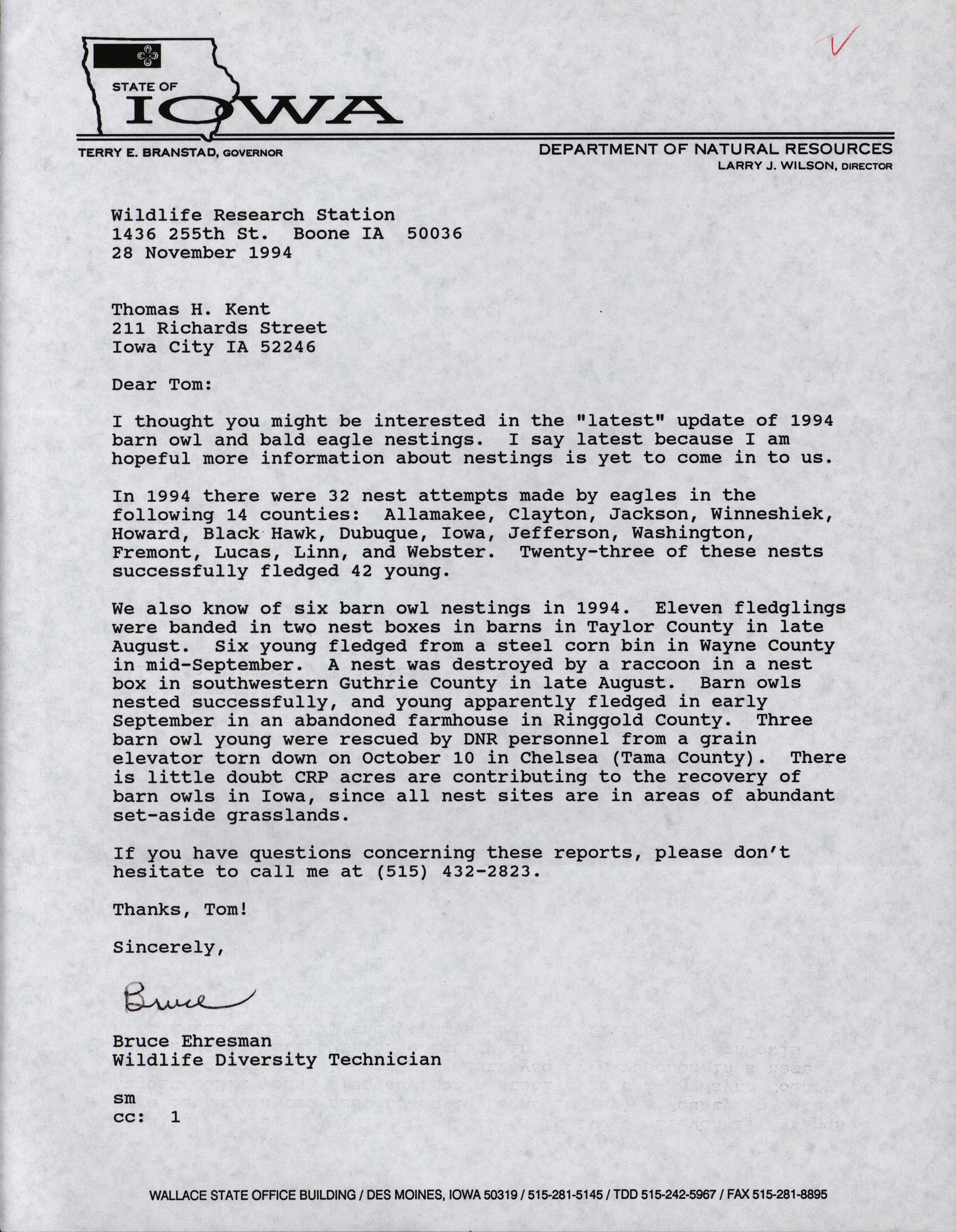 Bruce Ehresman letter to Thomas Kent regarding Bald Eagle and Barn Owl nests, November 28, 1994