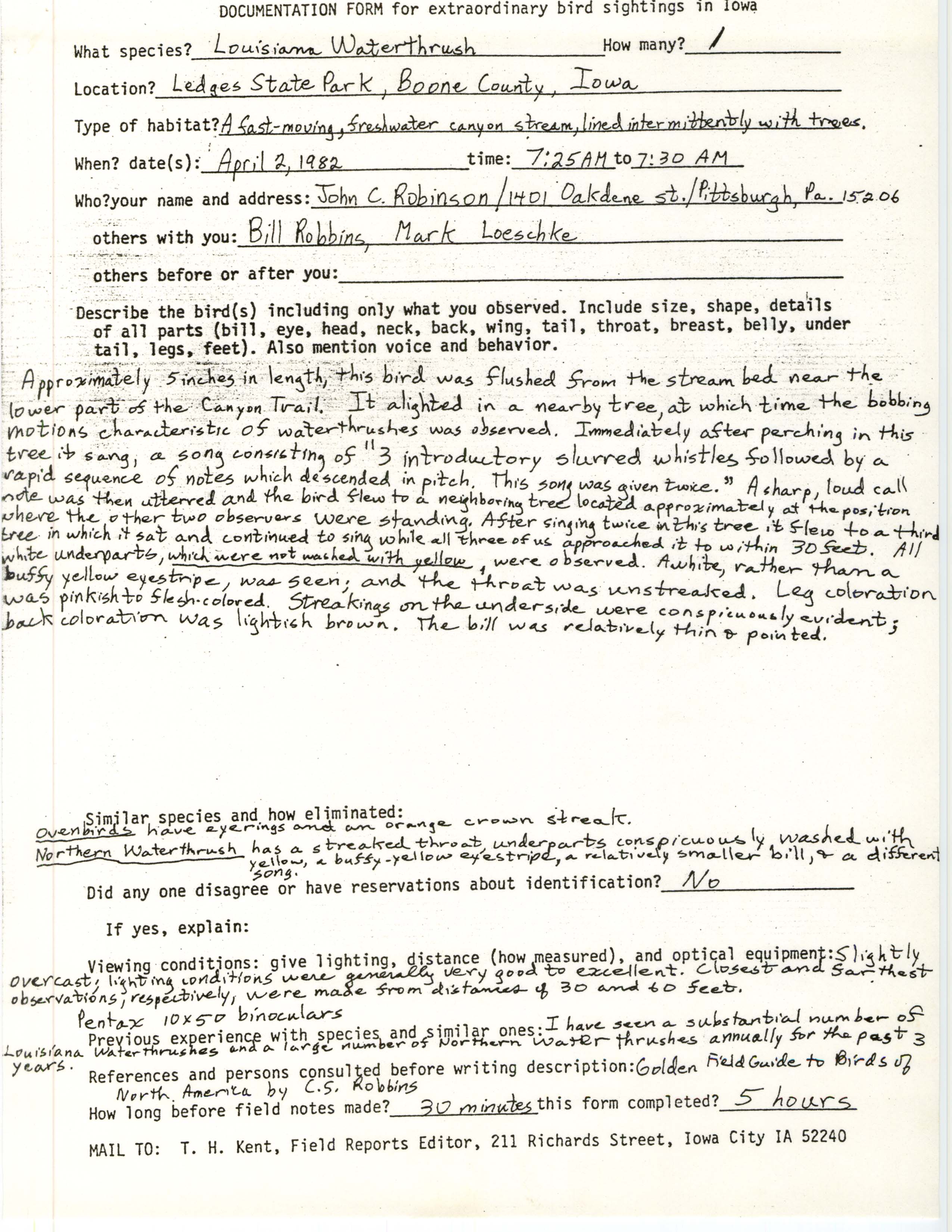 Rare bird documentation form for Louisiana Waterthrush at Ledges State Park, 1982