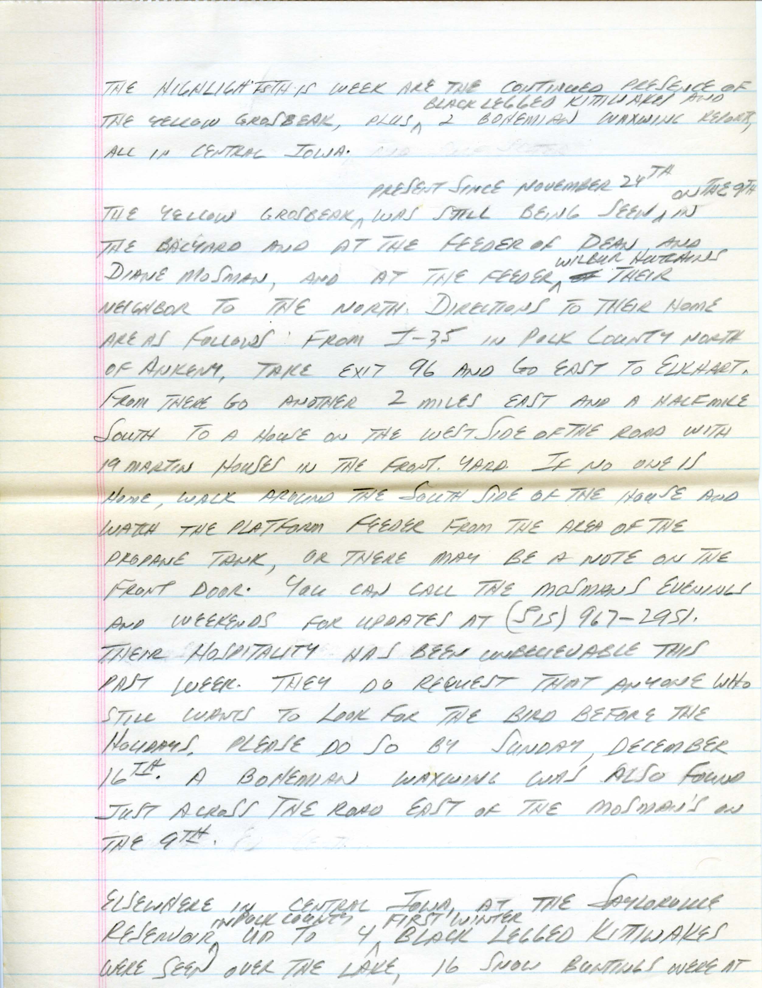 Iowa Birdline update, December 10, 1990, notes
