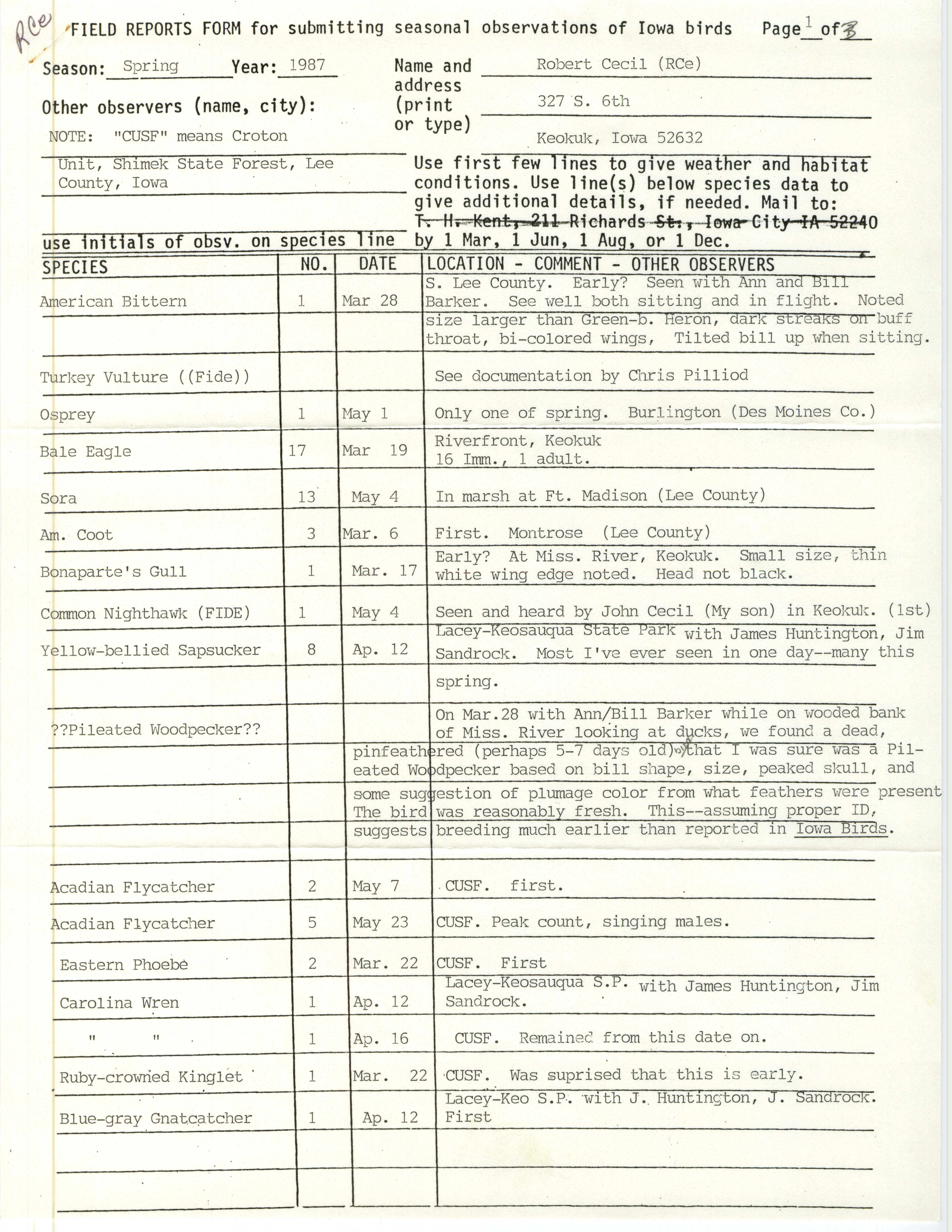 Field reports form for submitting seasonal observations of Iowa birds, Robert I. Cecil, spring 1987