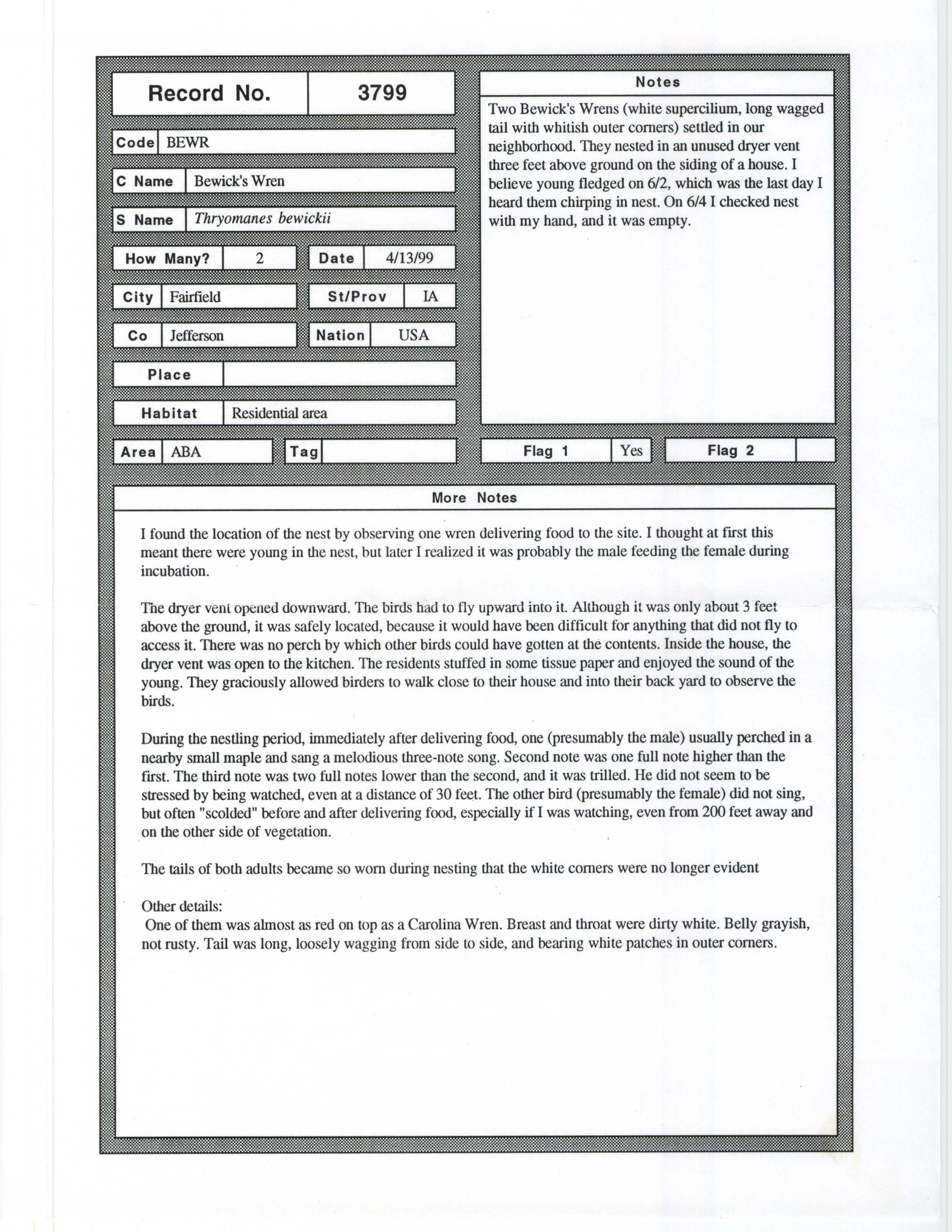 Rare bird documentation form for Bewick's Wren at Fairfield, 1999