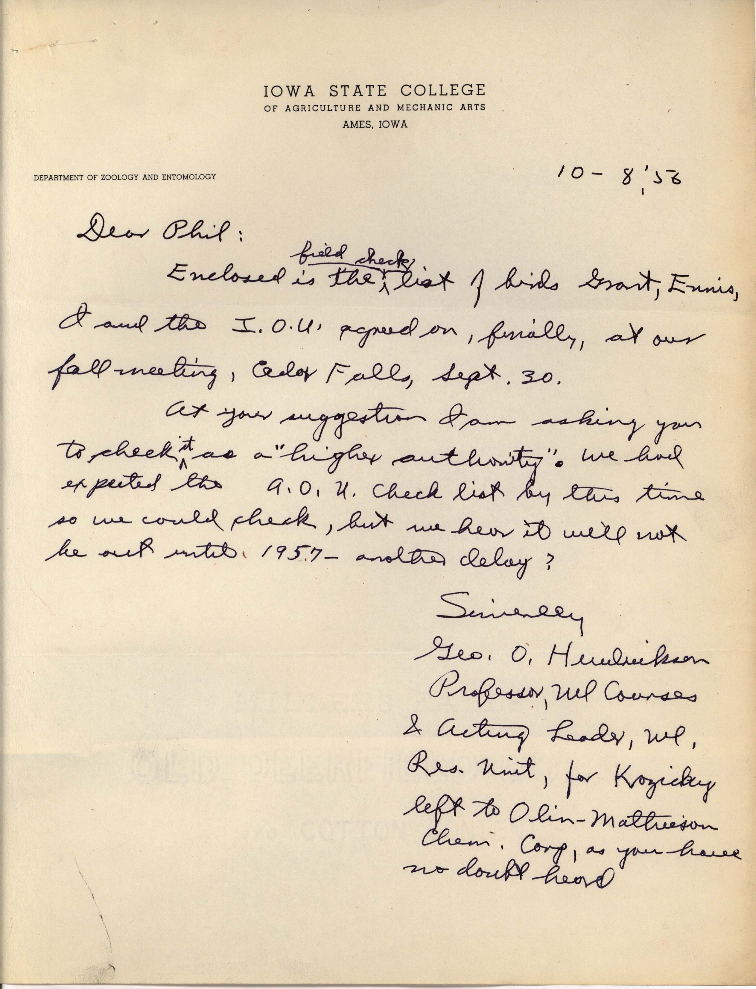 George Hendrickson letter to Philip DuMont regarding final review for a revised checklist, October 8, 1956