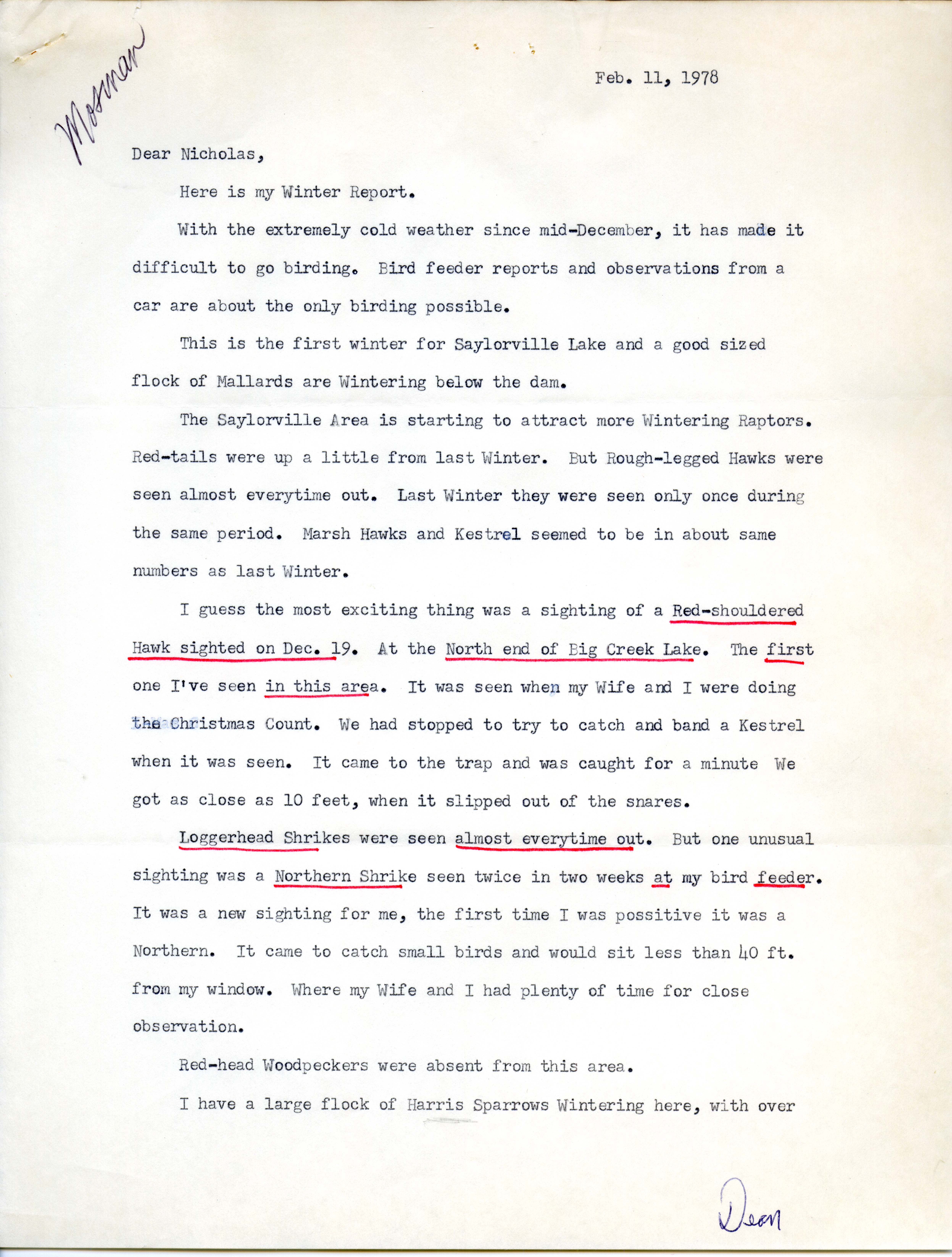 Dean Mosman letter to Nicholas S. Halmi regarding bird sightings, Febuary 11, 1978 