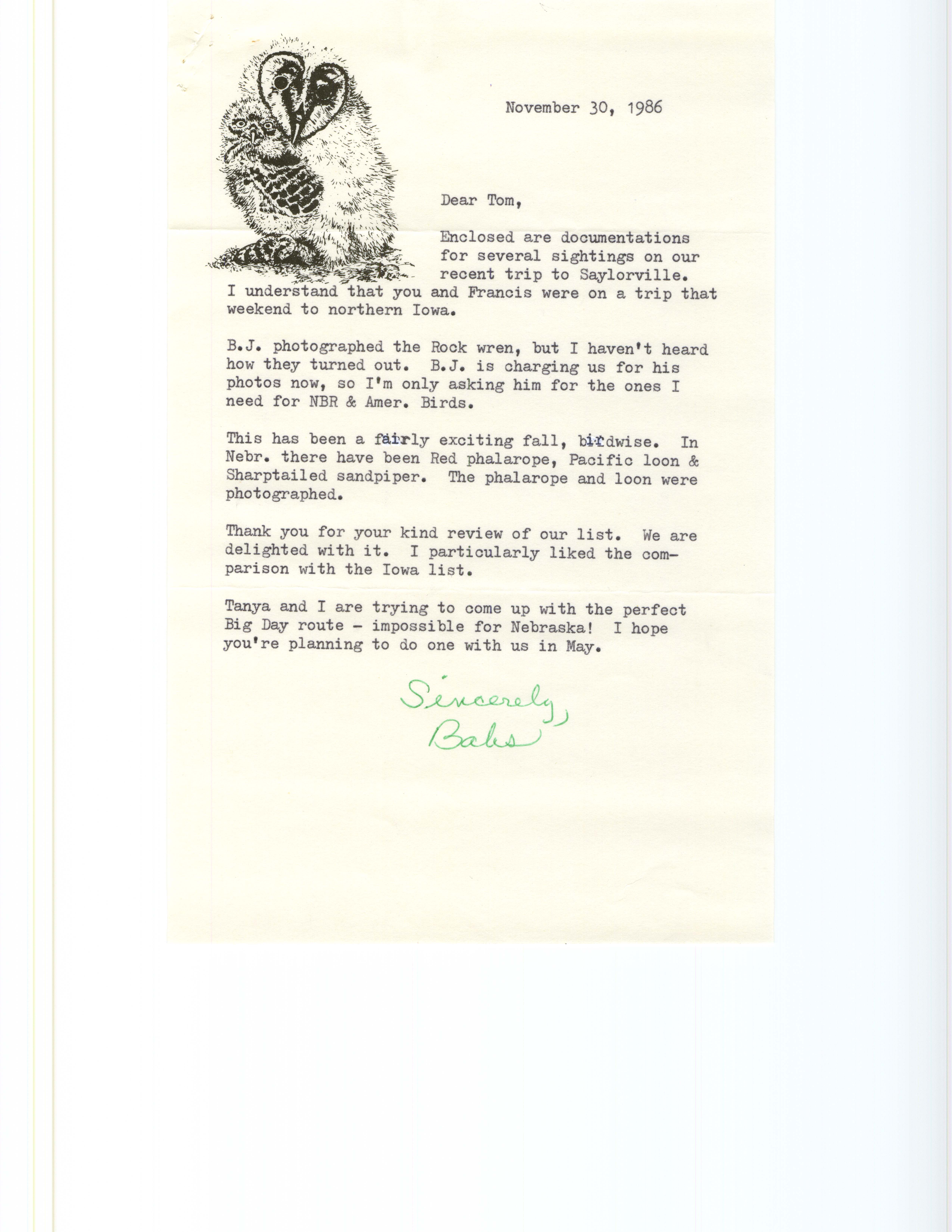 Field notes and Babs Padelford letter to Thomas H. Kent, November 30, 1986