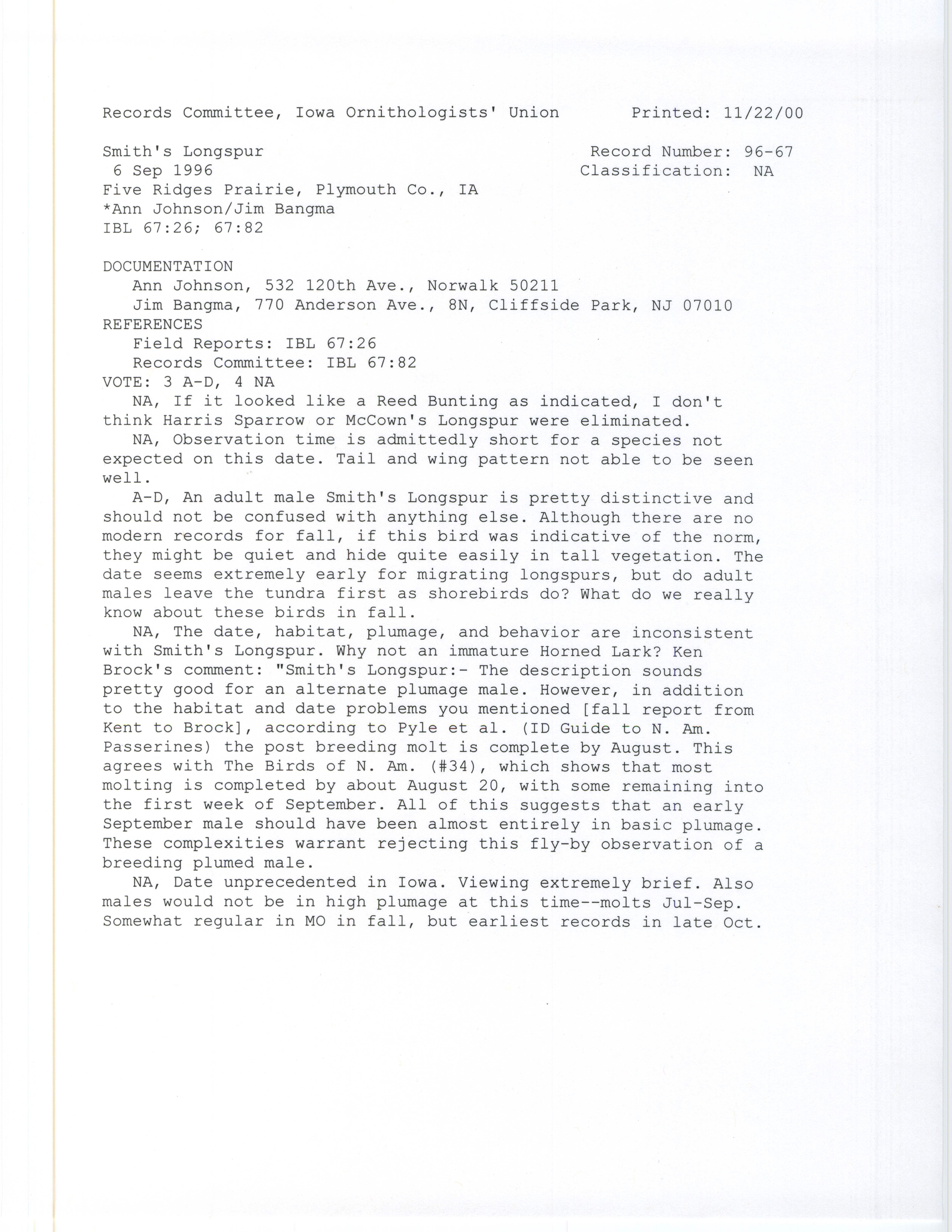 Records Committee review for rare bird sighting for Smith's Longspur at Five Ridges Prairie, 1996