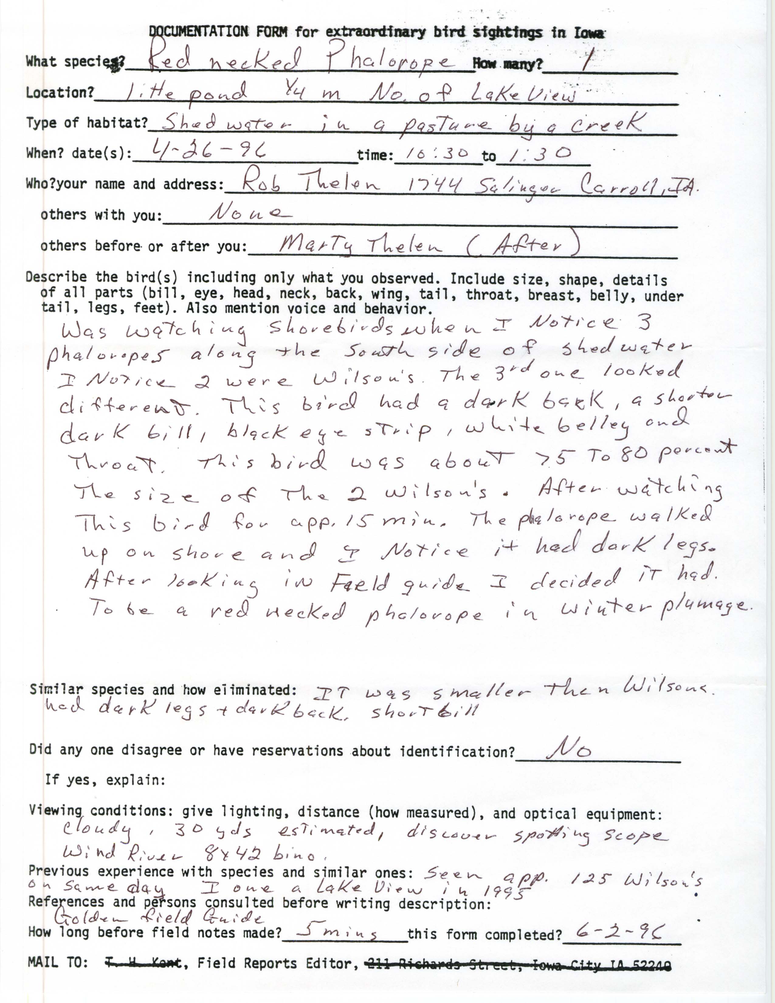 Rare bird documentation form for Red-necked Phalarope north of Lake View, 1996