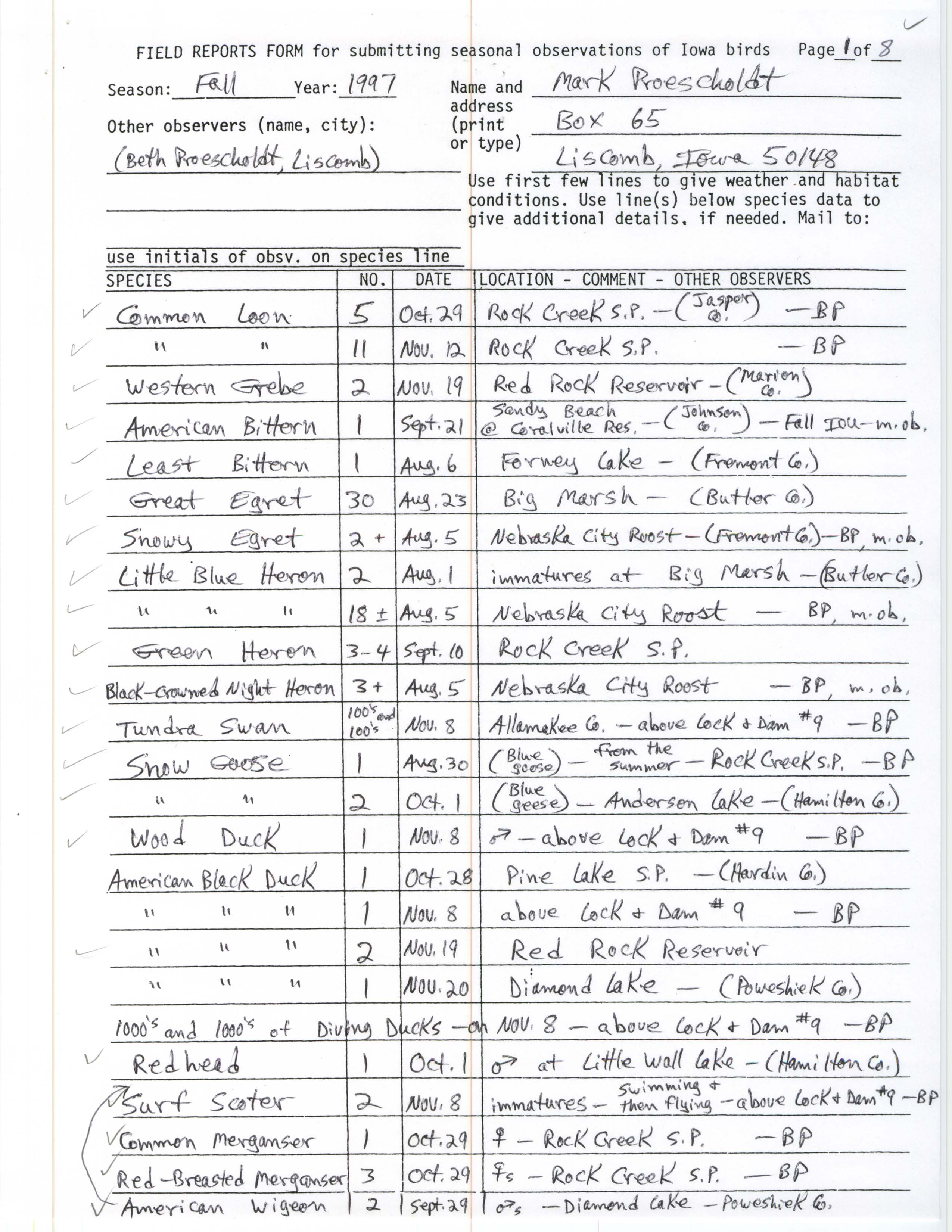 Field reports form for submitting seasonal observations of Iowa birds, Mark Proescholdt, fall 1997