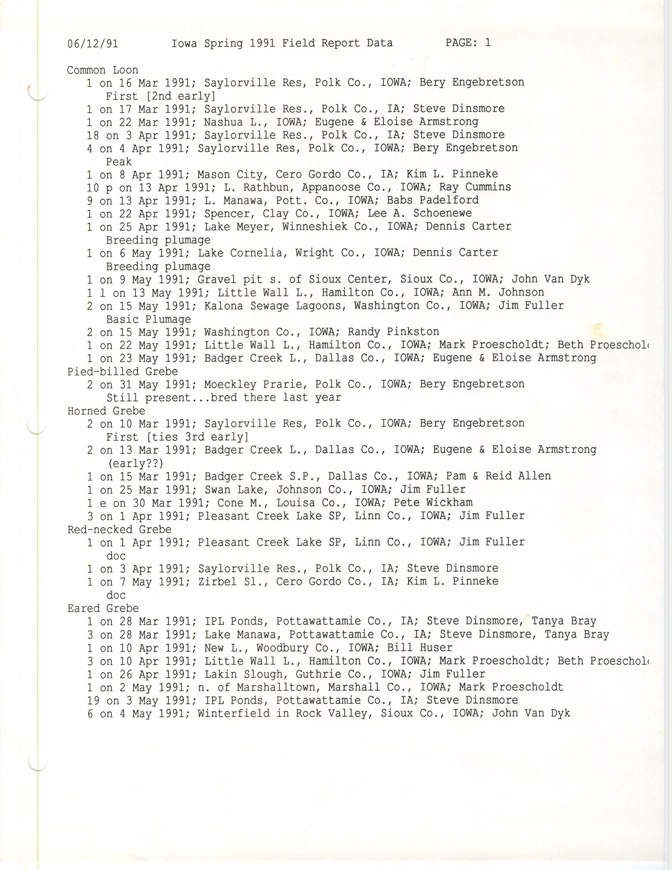 Field reports, Iowa Ornithologists' Union, spring 1991