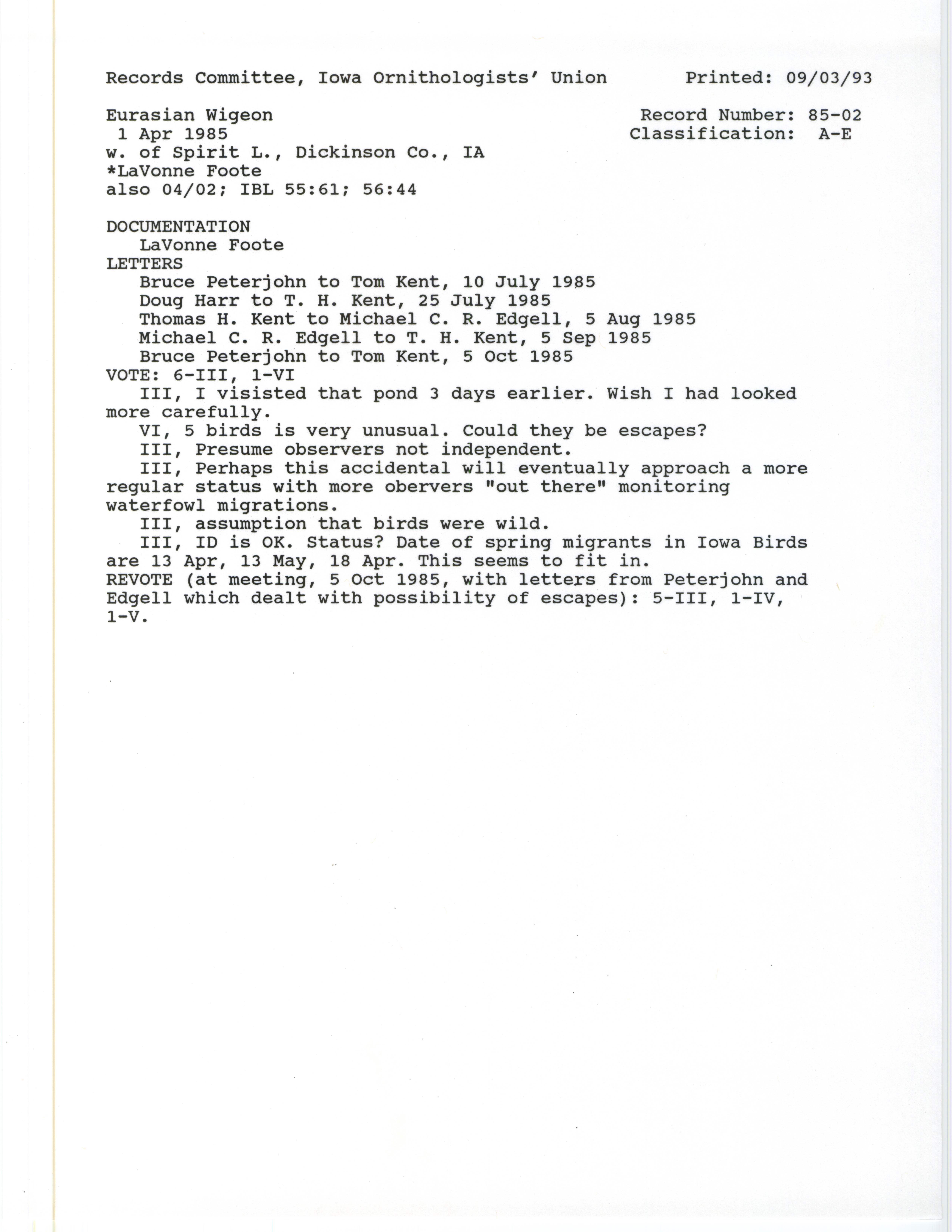 Records Committee review for rare bird sighting of Eurasian Wigeon at Spirit Lake, 1985