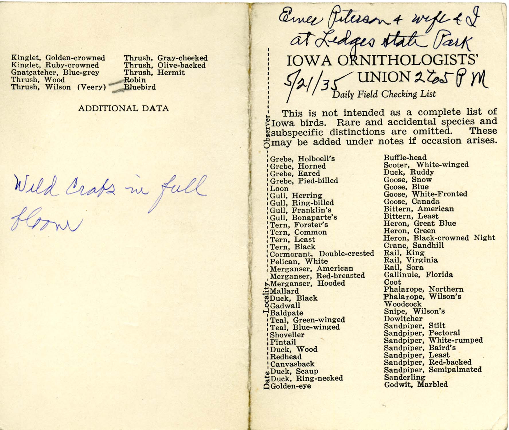 Daily field checking list, Walter Rosene, May 21, 1935