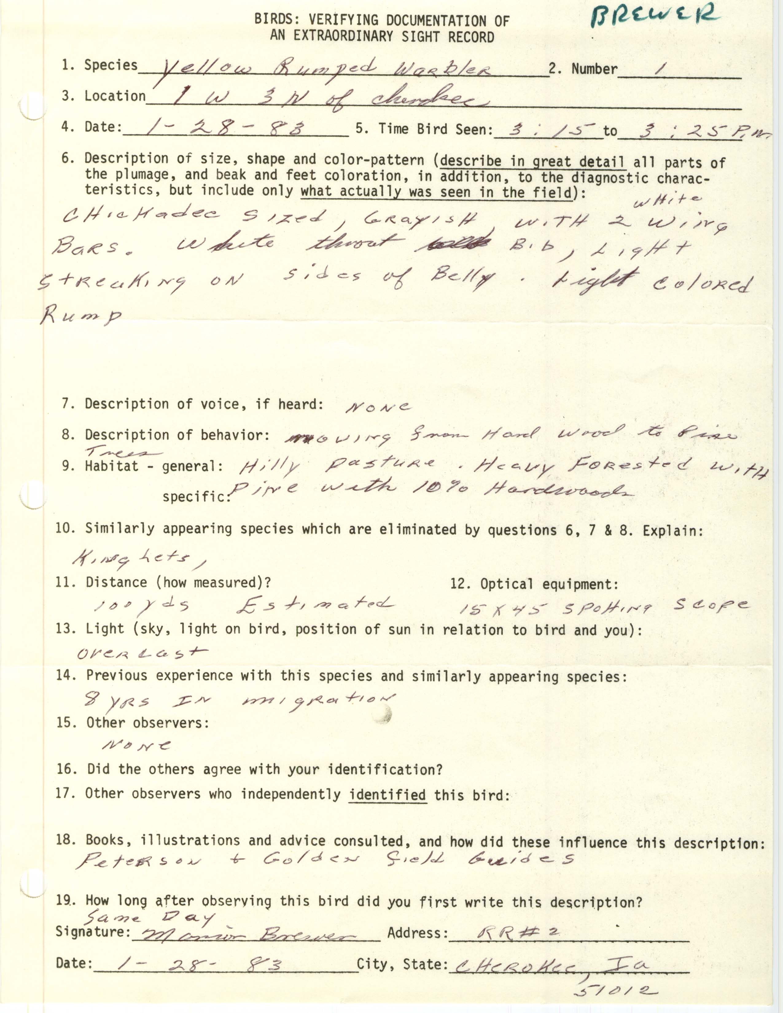 Rare bird documentation form for Yellow-rumped Warbler northwest of Cherokee, 1983