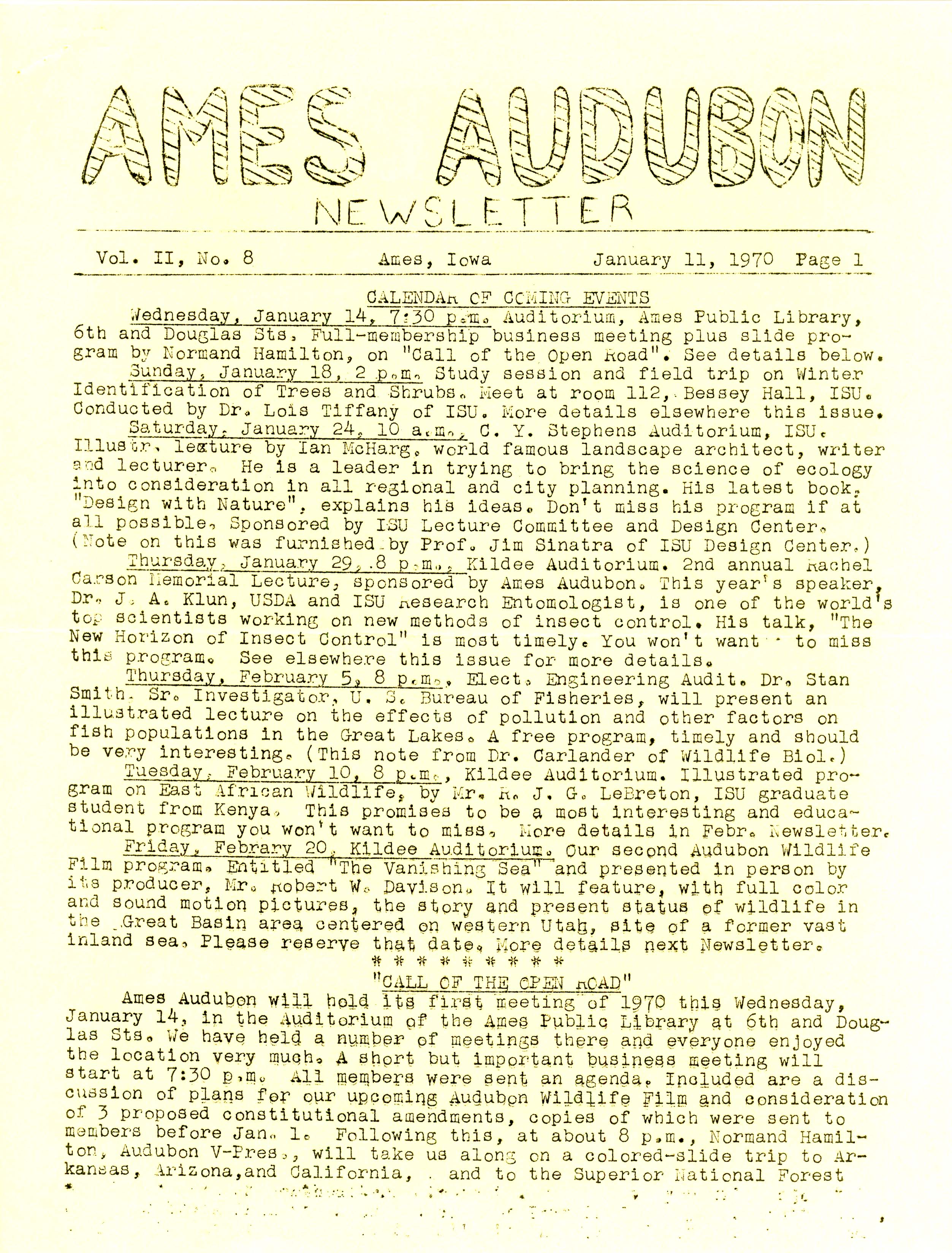 Ames Audubon Newsletter, Volume 2, Number 8, January 11, 1970