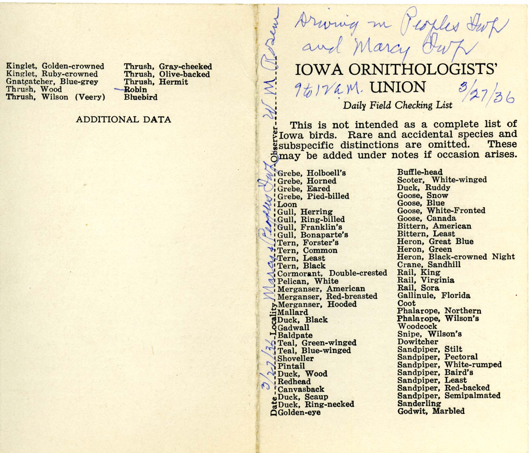 Daily field checking list by Walter Rosene, March 27, 1936