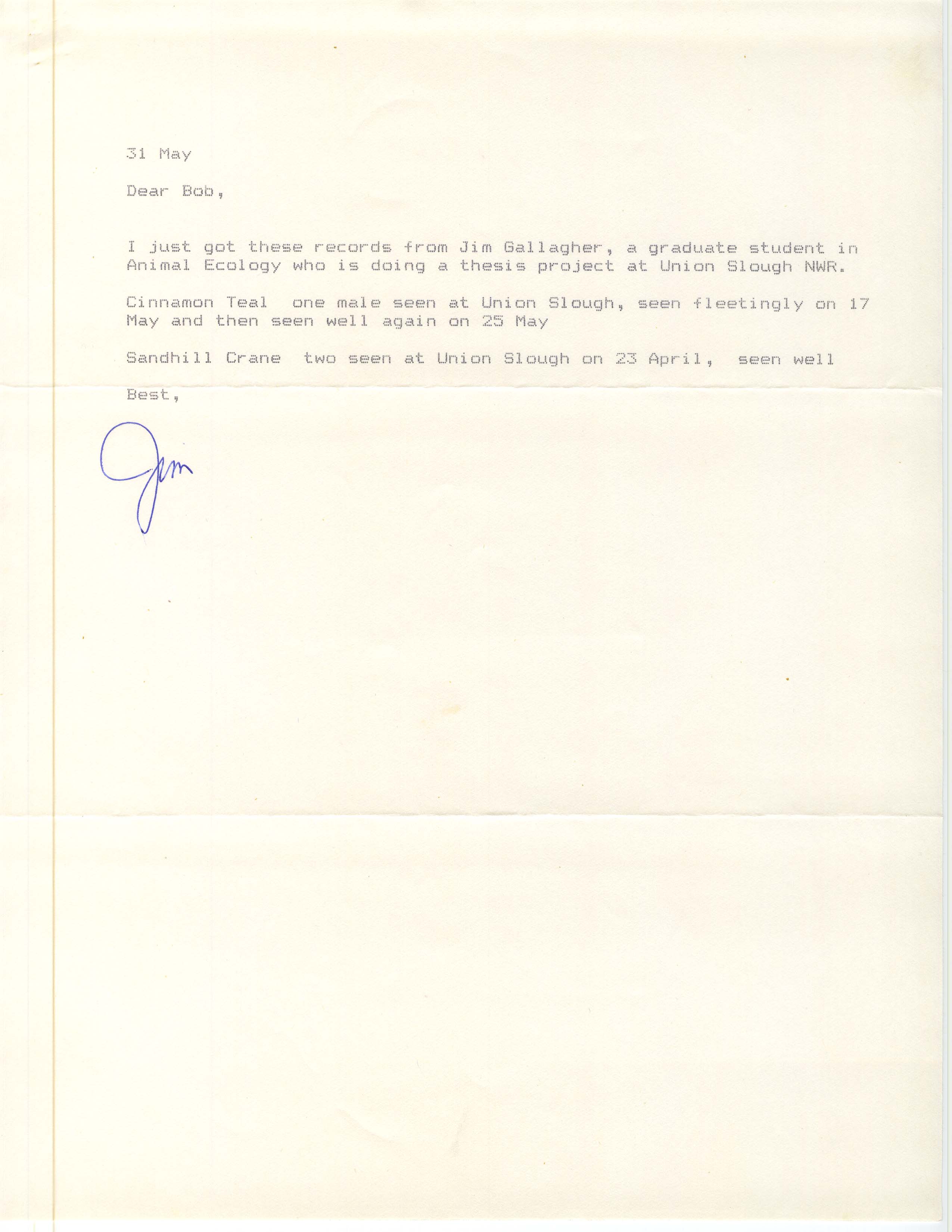 James J. Dinsmore letter to Robert K. Meyers regarding bird sightings, May 31, 1988