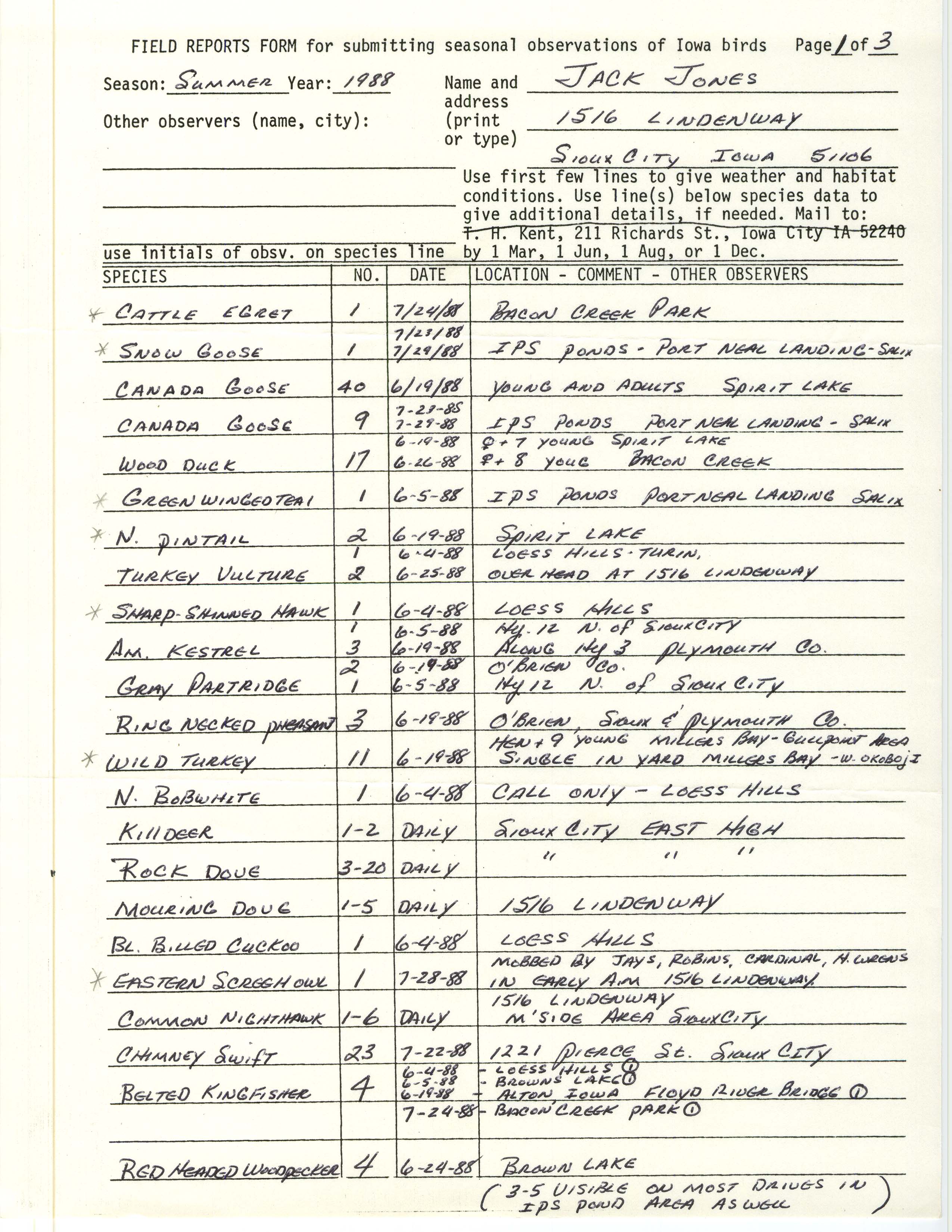Field reports form for submitting seasonal observations of Iowa birds, Jack Jones, summer 1988