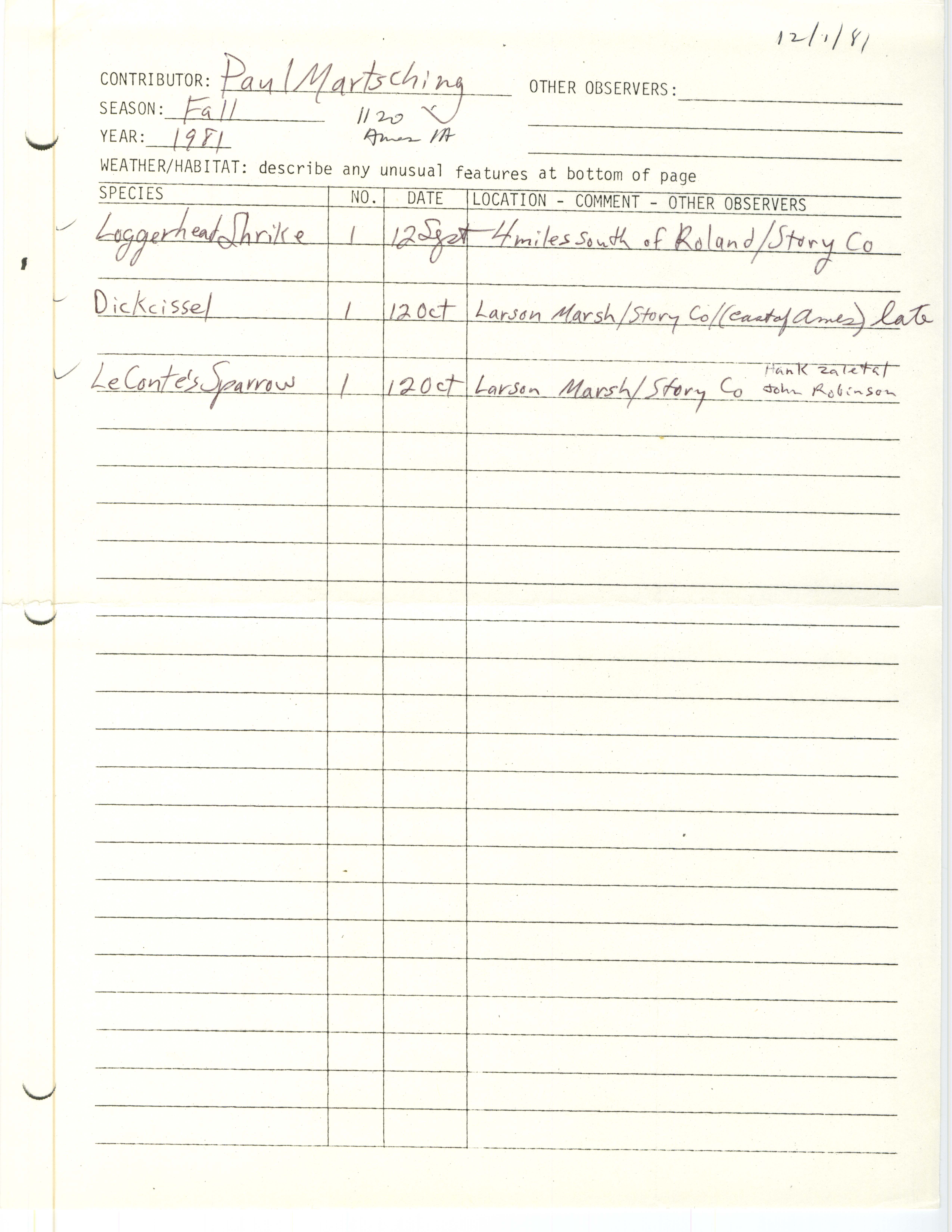 Field notes contributed by Paul Martsching, December 1, 1981