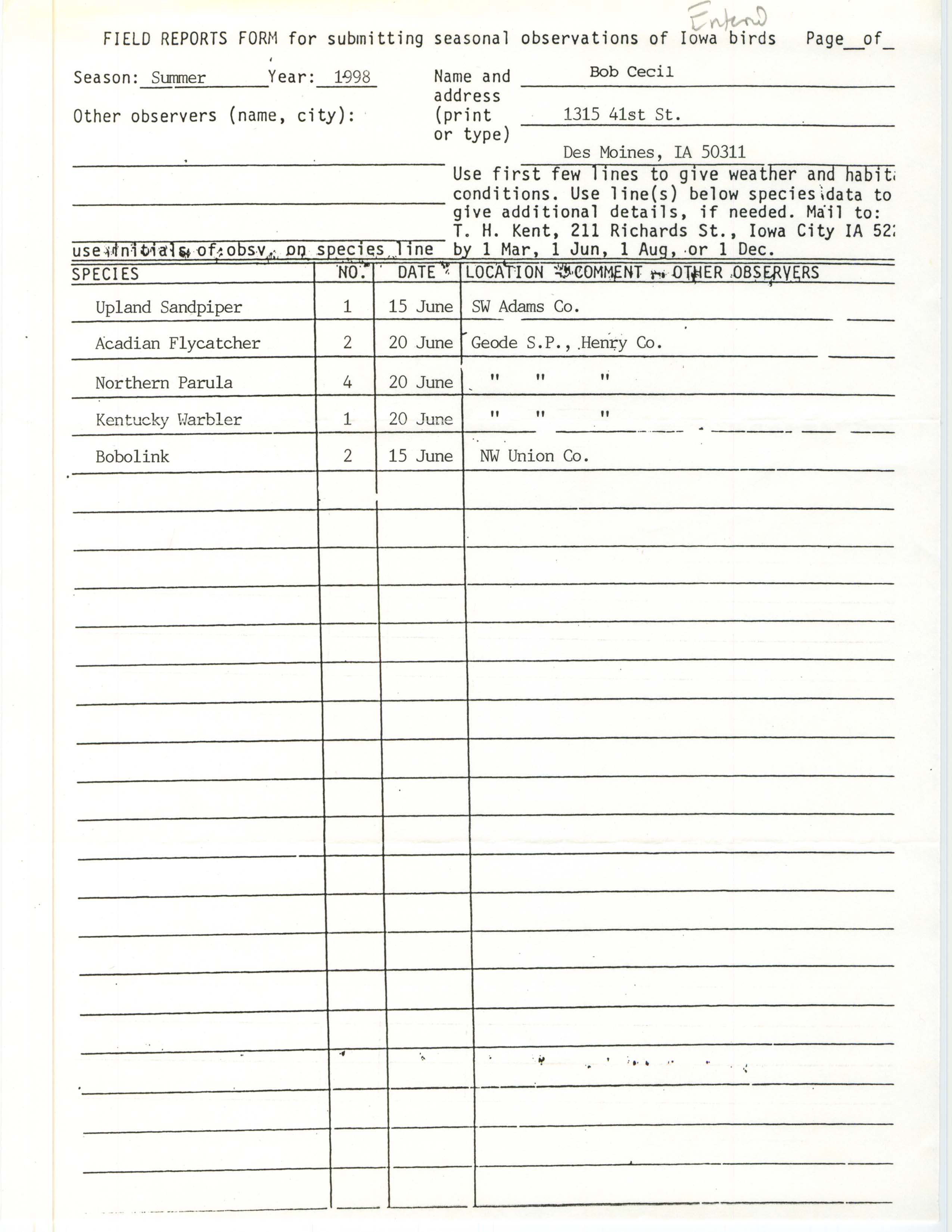 Field reports form for submitting seasonal observations of Iowa birds, Bob Cecil, summer 1998