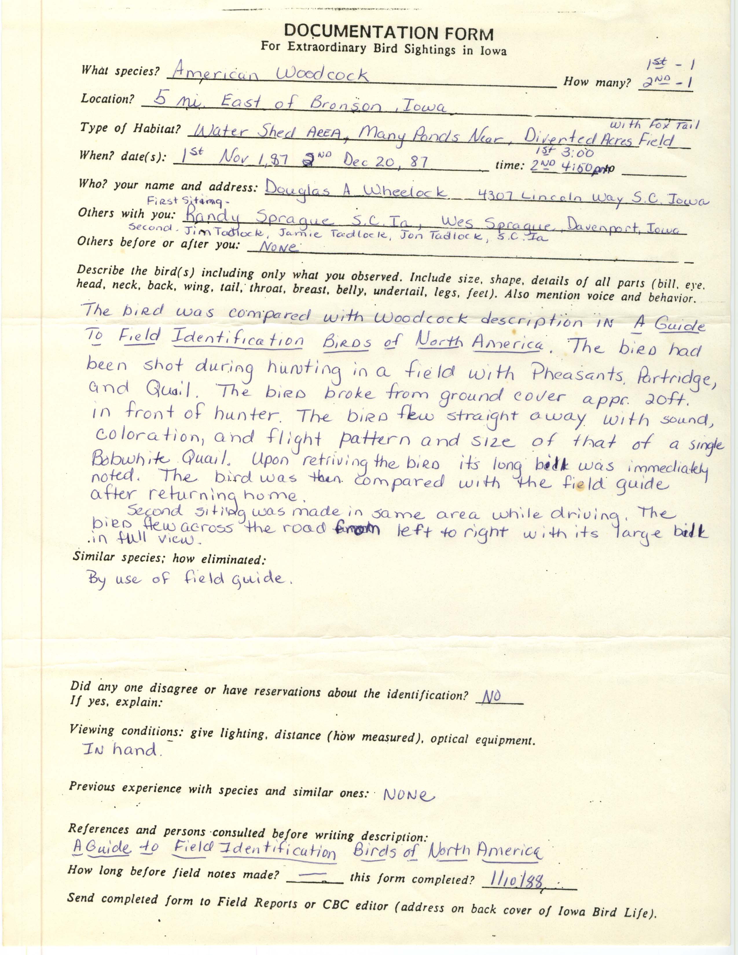 Rare bird documentation form for American Woodcock at Bronson in 1987