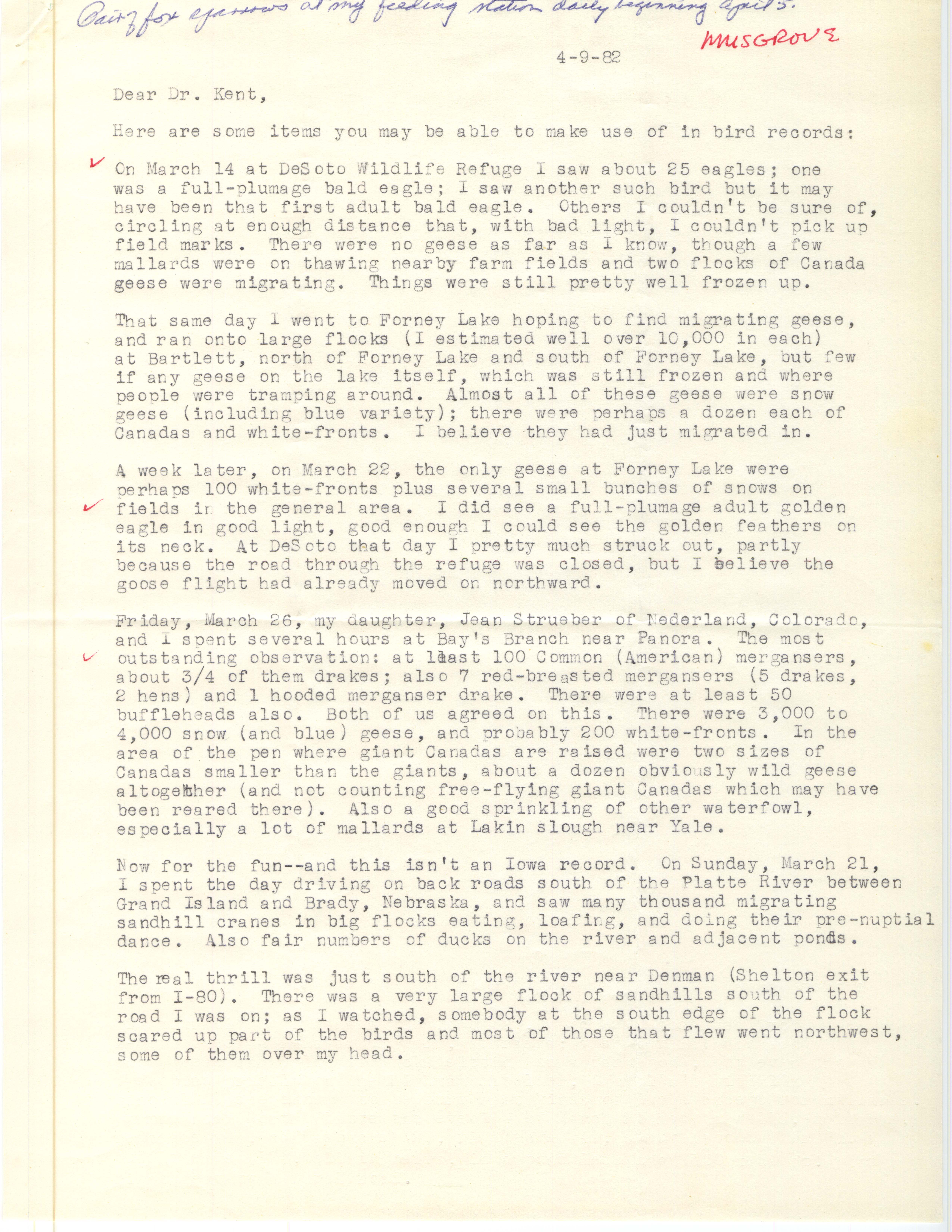 Mary R. Musgrove letter to Thomas H. Kent regarding field notes, April 9, 1982