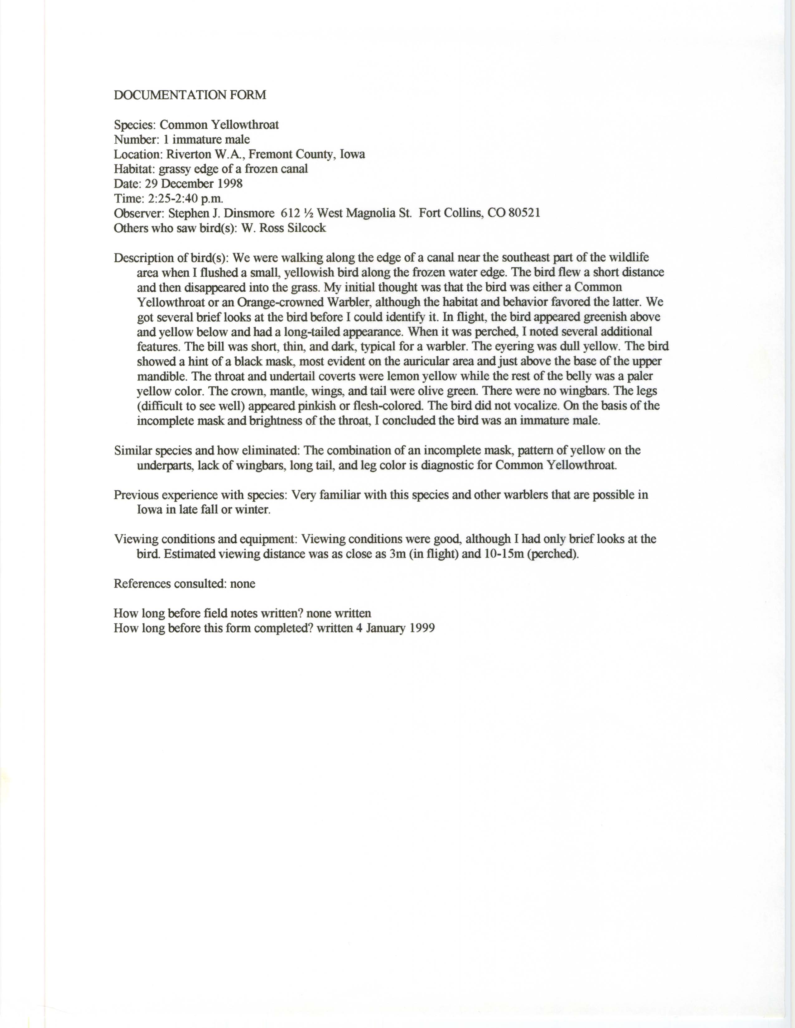 Rare bird documentation form for Common Yellowthroat at Riverton Wildlife Area, 1998