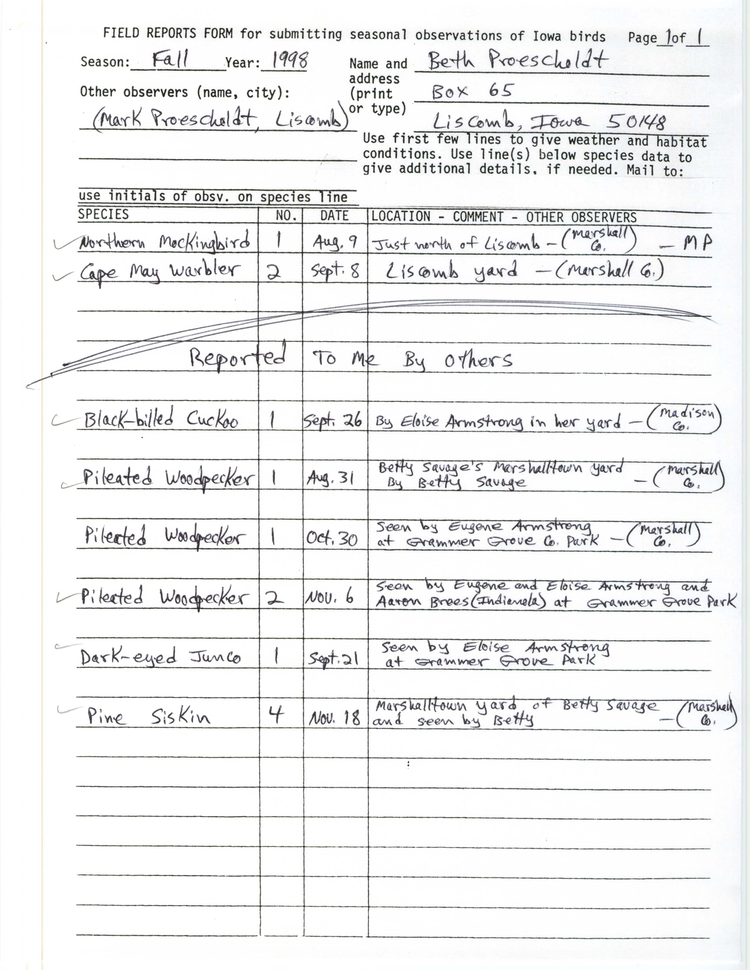 Field reports form for submitting seasonal observations of Iowa birds, Beth Proescholdt, fall 1998
