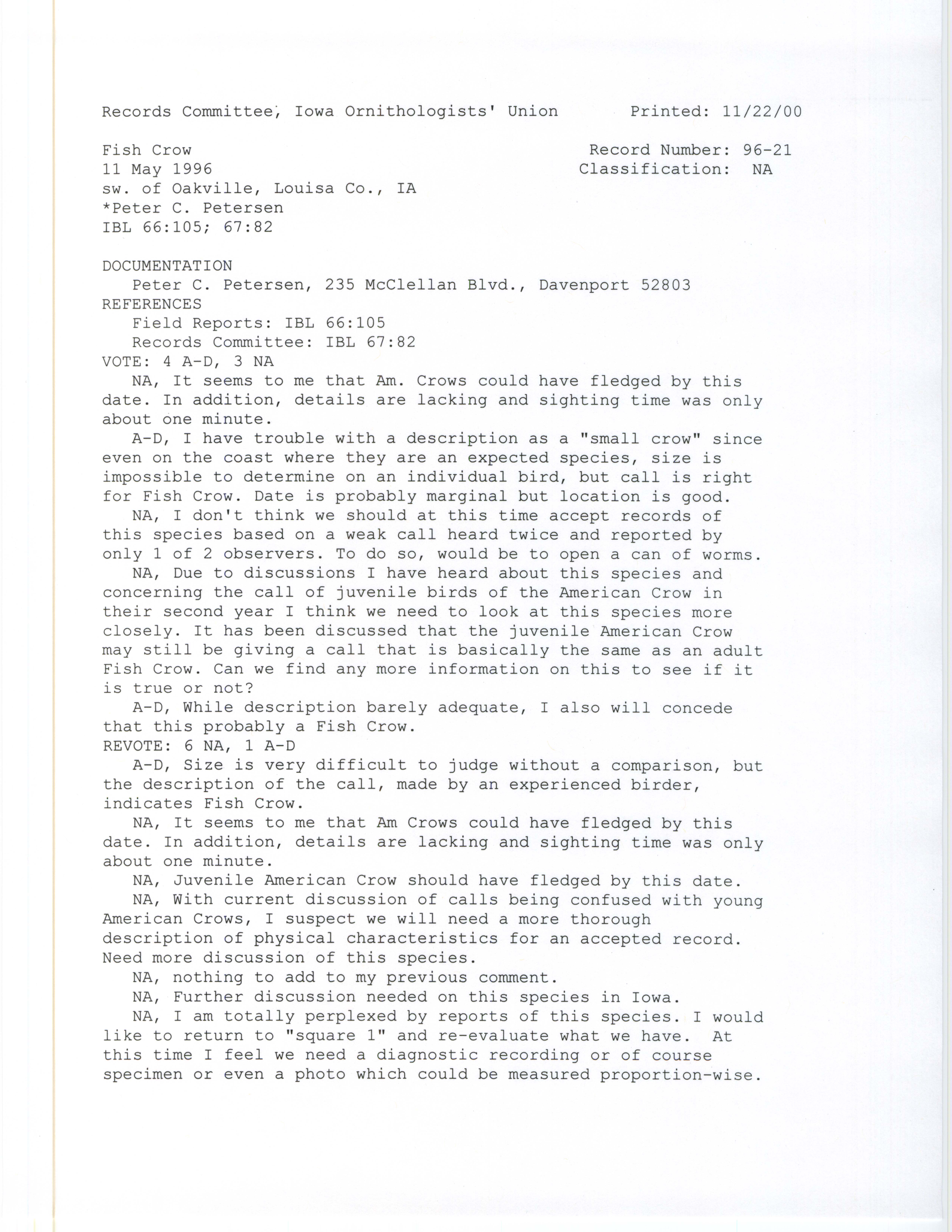 Records Committee review for rare bird sighting for Fish Crow southwest of Oakville, 1996