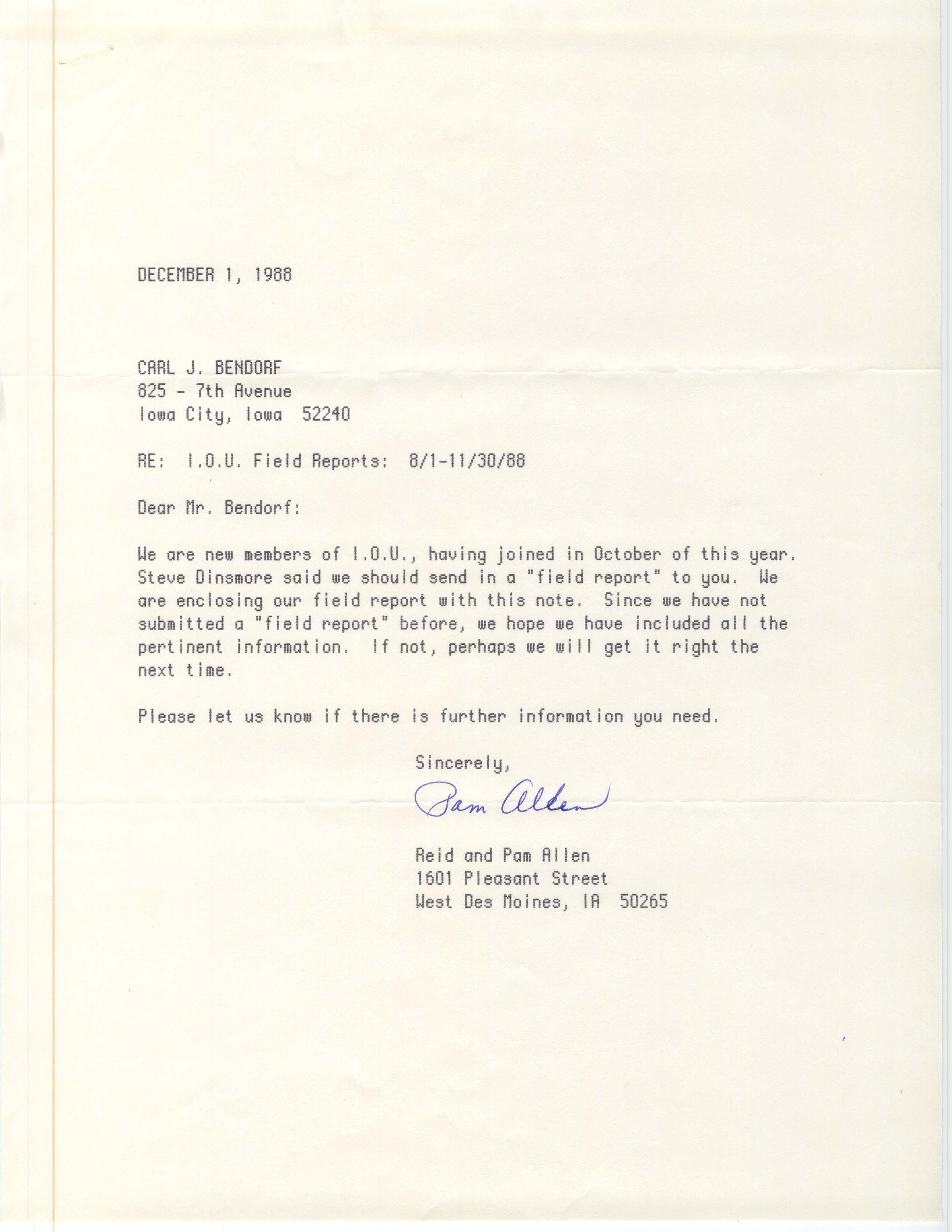 Field notes and Pam Allen and Reid I. Allen letter to Carl J. Bendorf, December 1, 1988