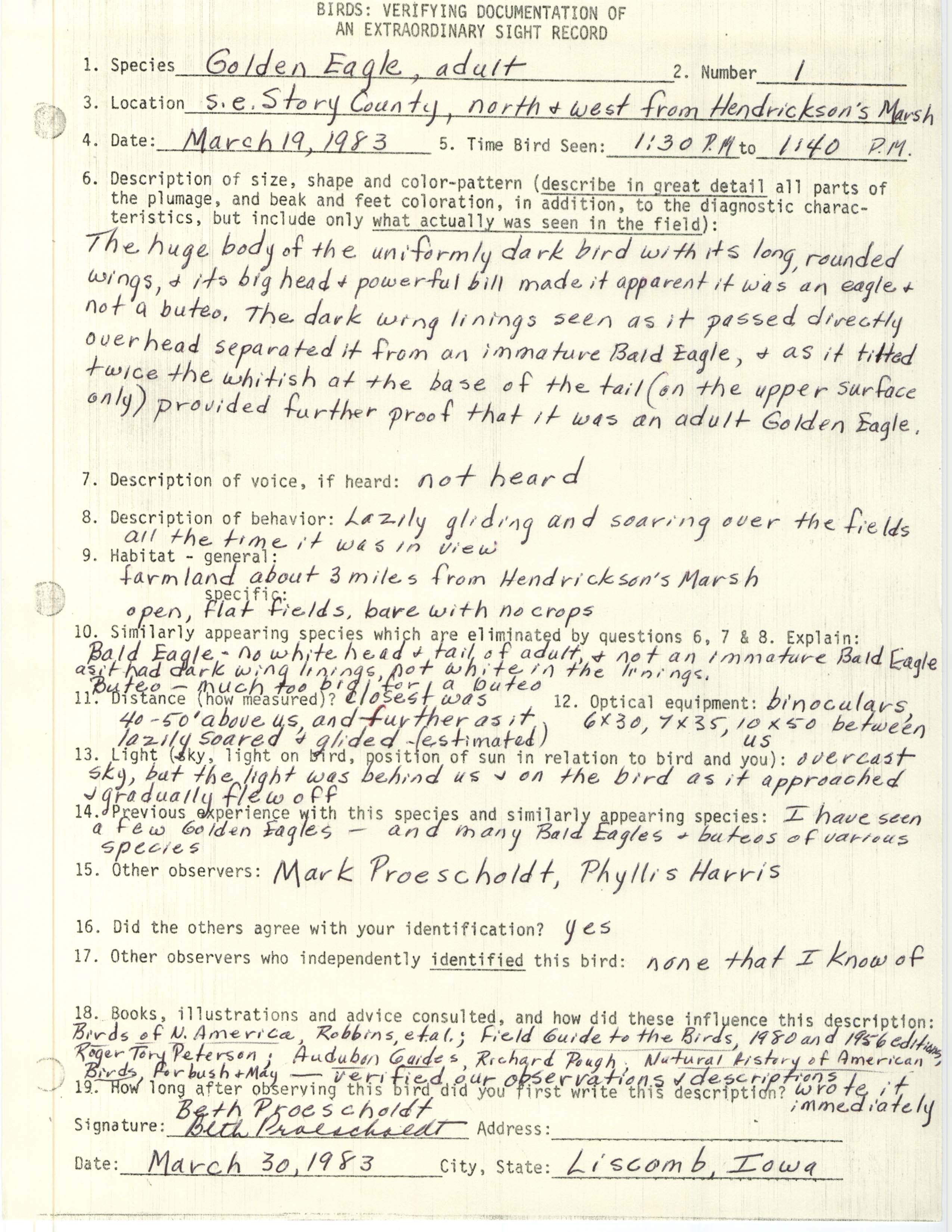 Rare bird documentation form for Golden Eagle north and west of Hendrickson's Marsh, 1983