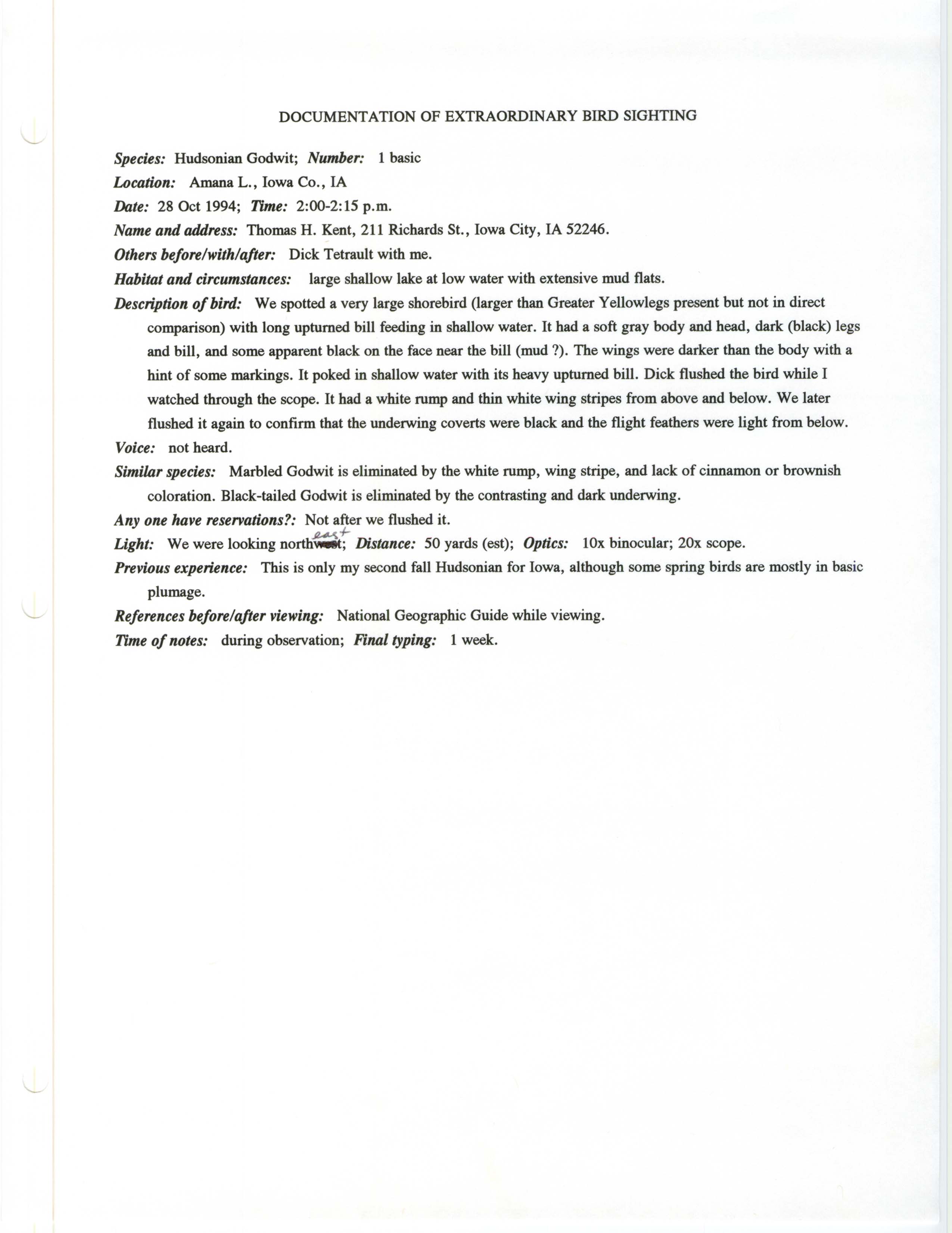 Rare bird documentation form for Hudsonian Godwit at Amana Lake, 1994