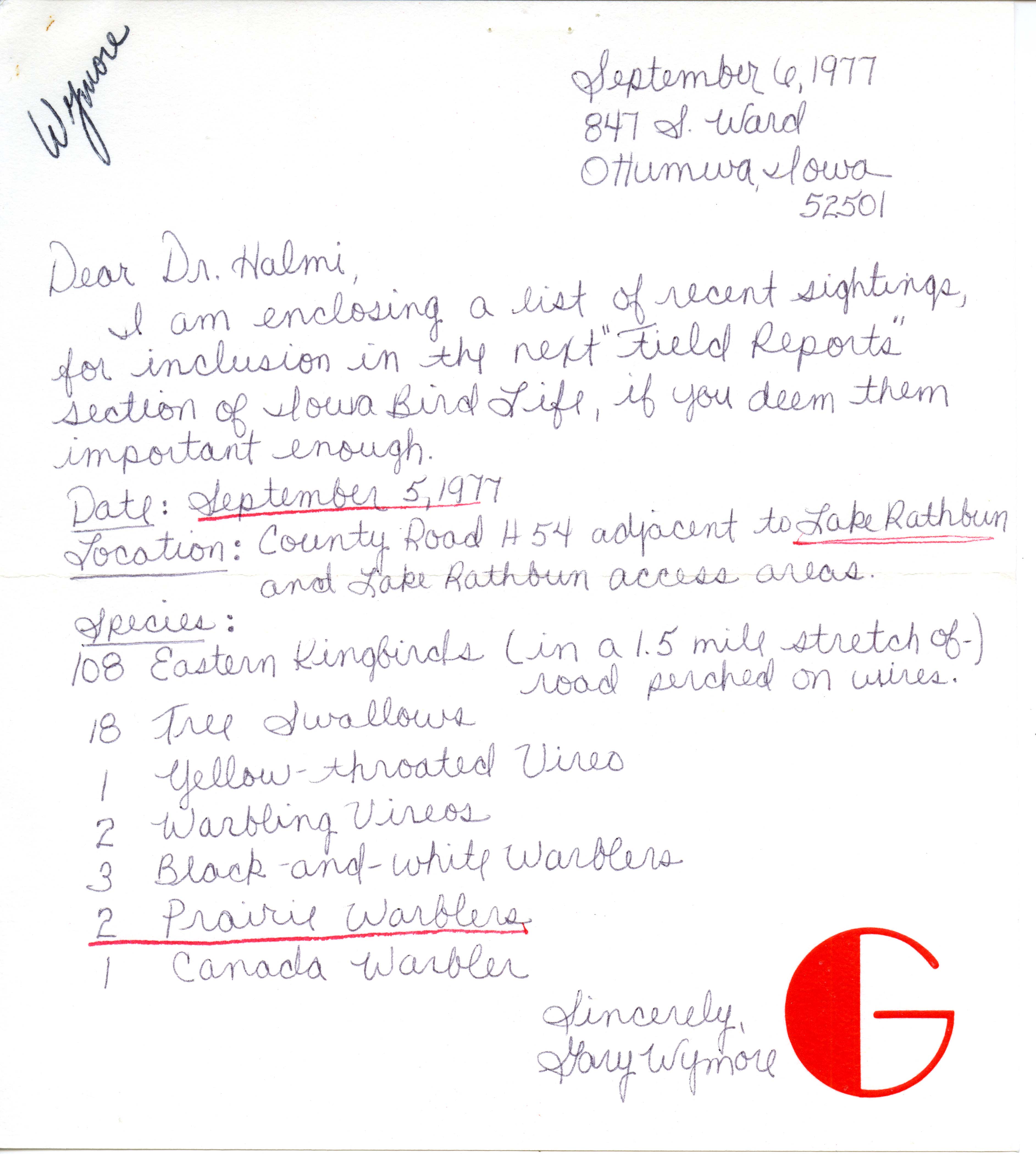 Gary D. Wymore letter to Nicholas S. Halmi regarding bird sightings, September 6, 1977