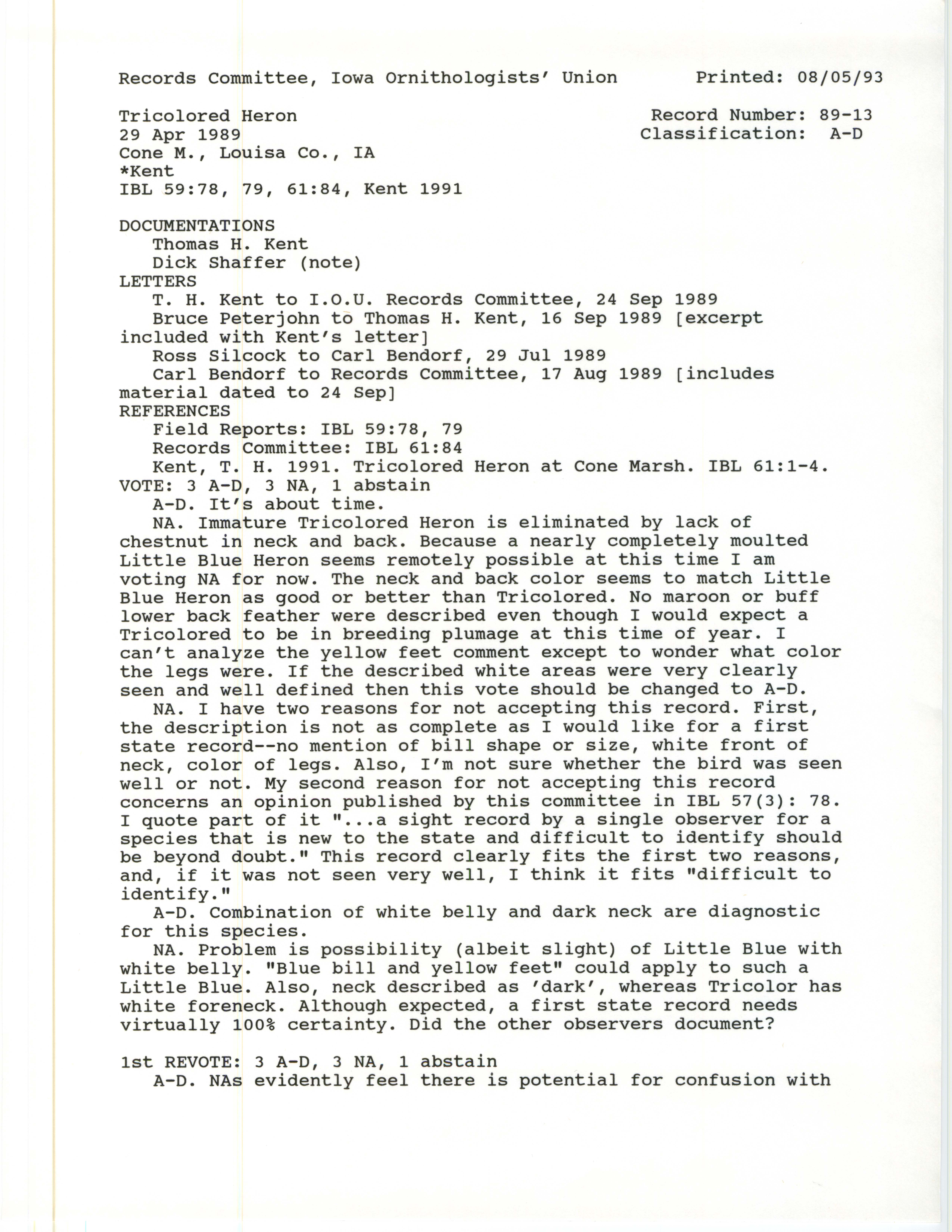 Records Committee review for rare bird sighting of Tricolored Heron at Cone Marsh, 1989