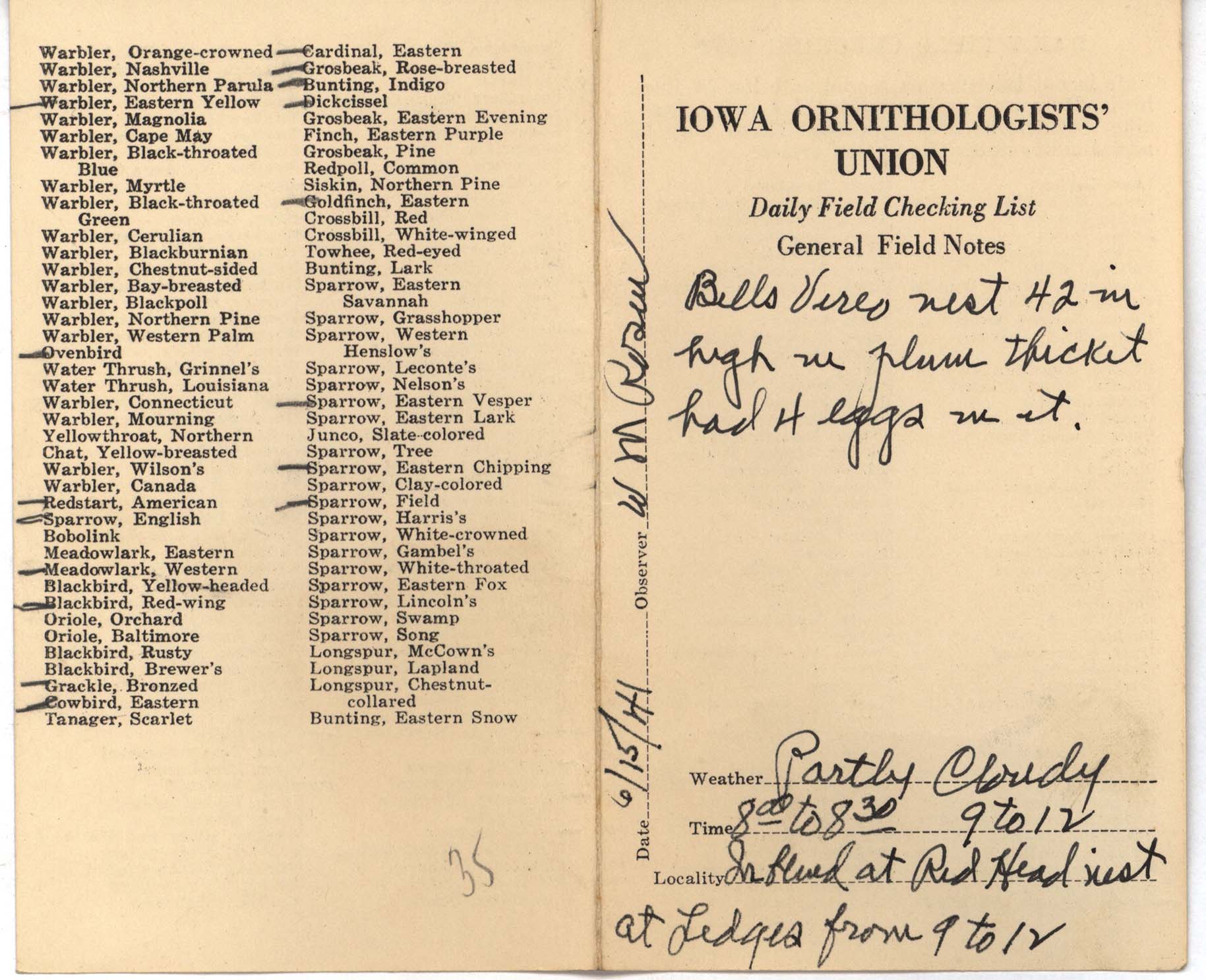 Daily field checking list by Walter Rosene, June 15, 1941