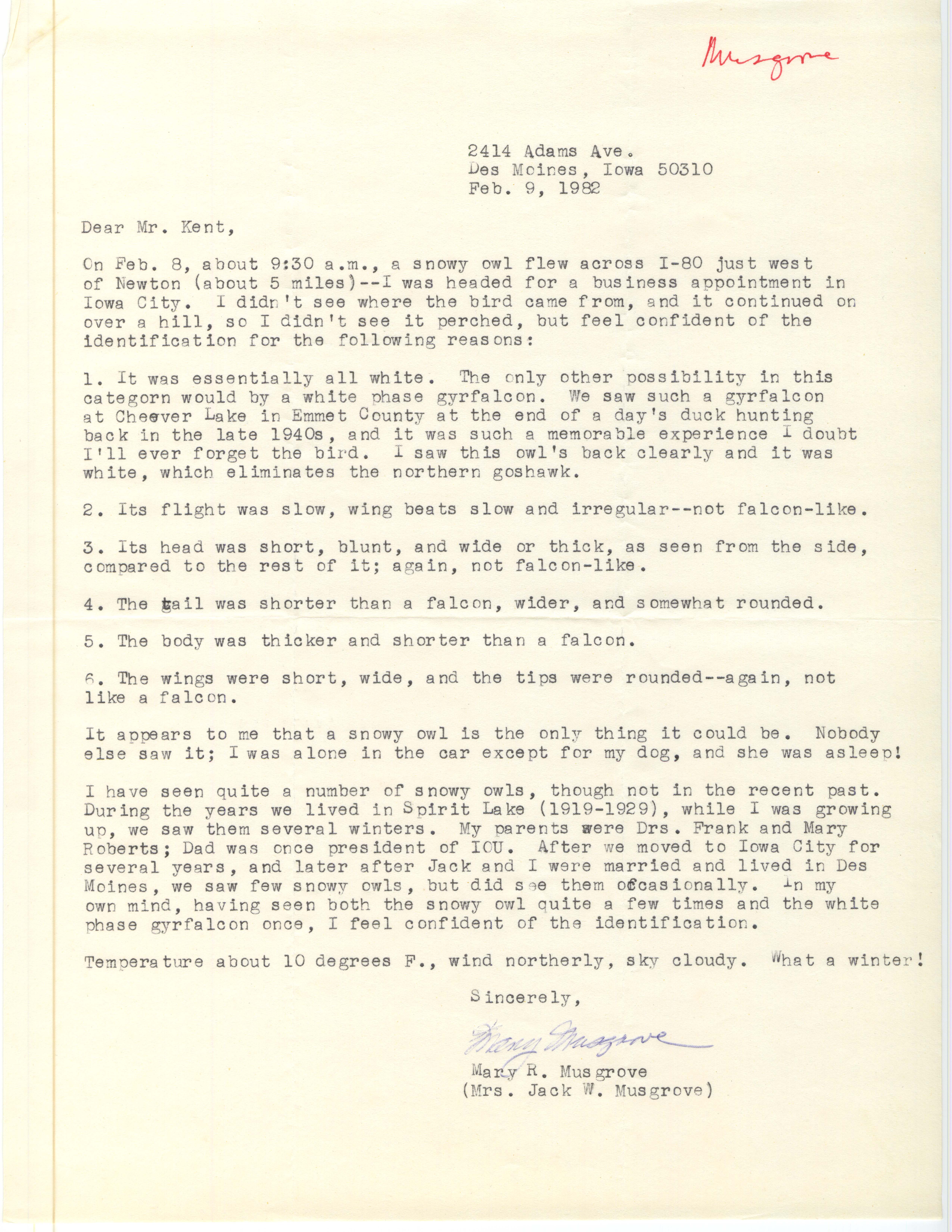 Mary R. Musgrove letter to Thomas H. Kent regarding field notes of a Snowy Owl sighting, February 9, 1982
