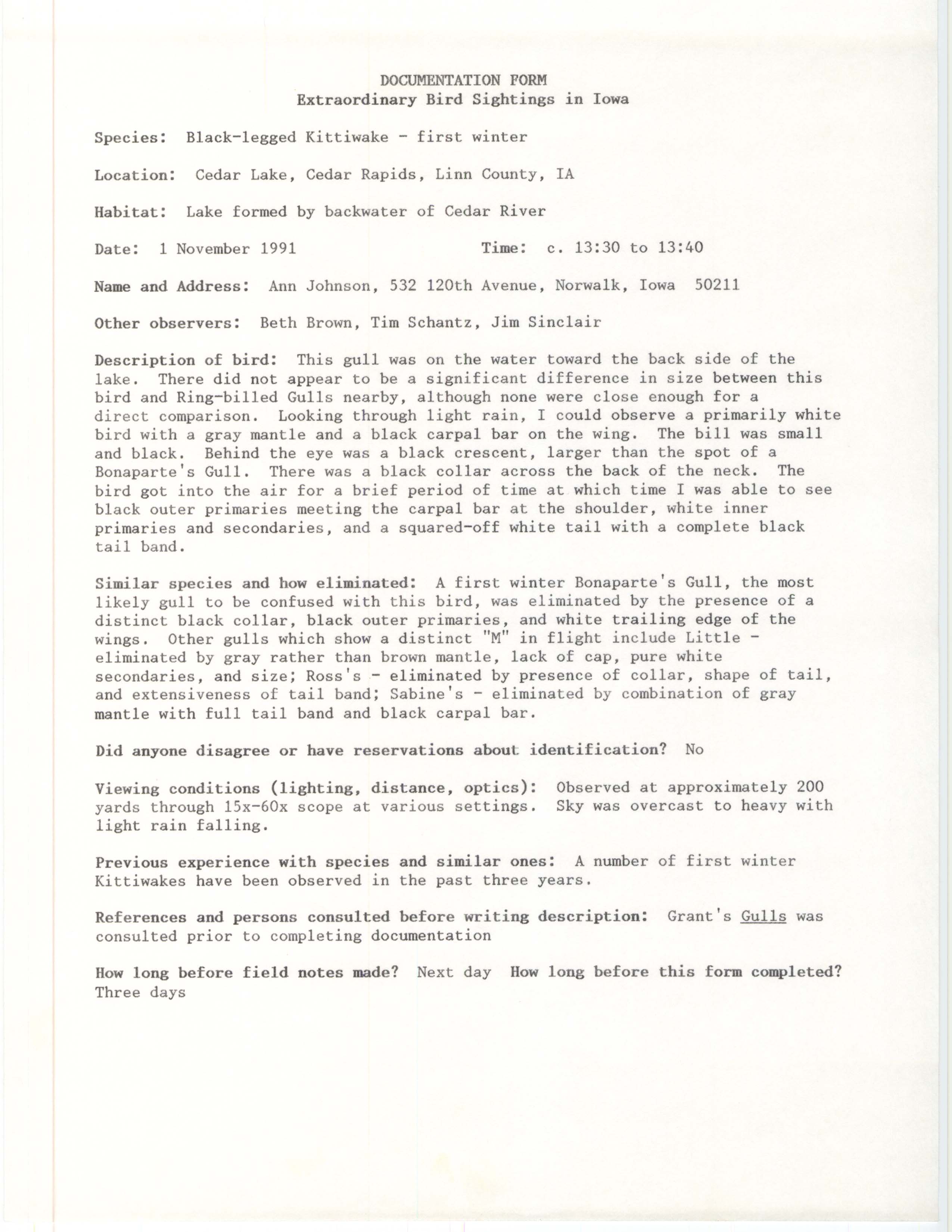 Rare bird documentation form for Black-legged Kittiwake at Cedar Lake, 1991