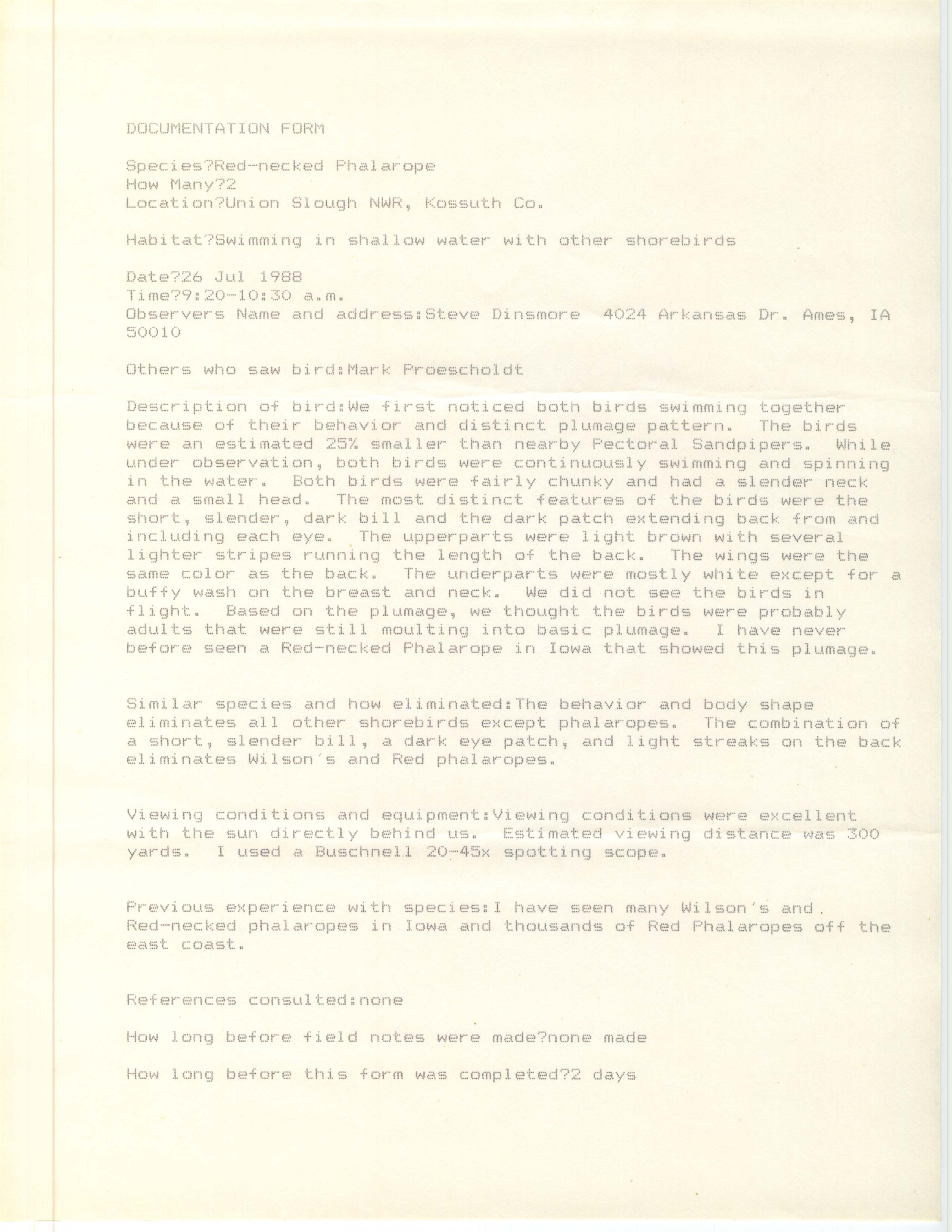 Rare bird documentation form for Red-necked Phalarope at Union Slough National Wildlife Refuge, 1988