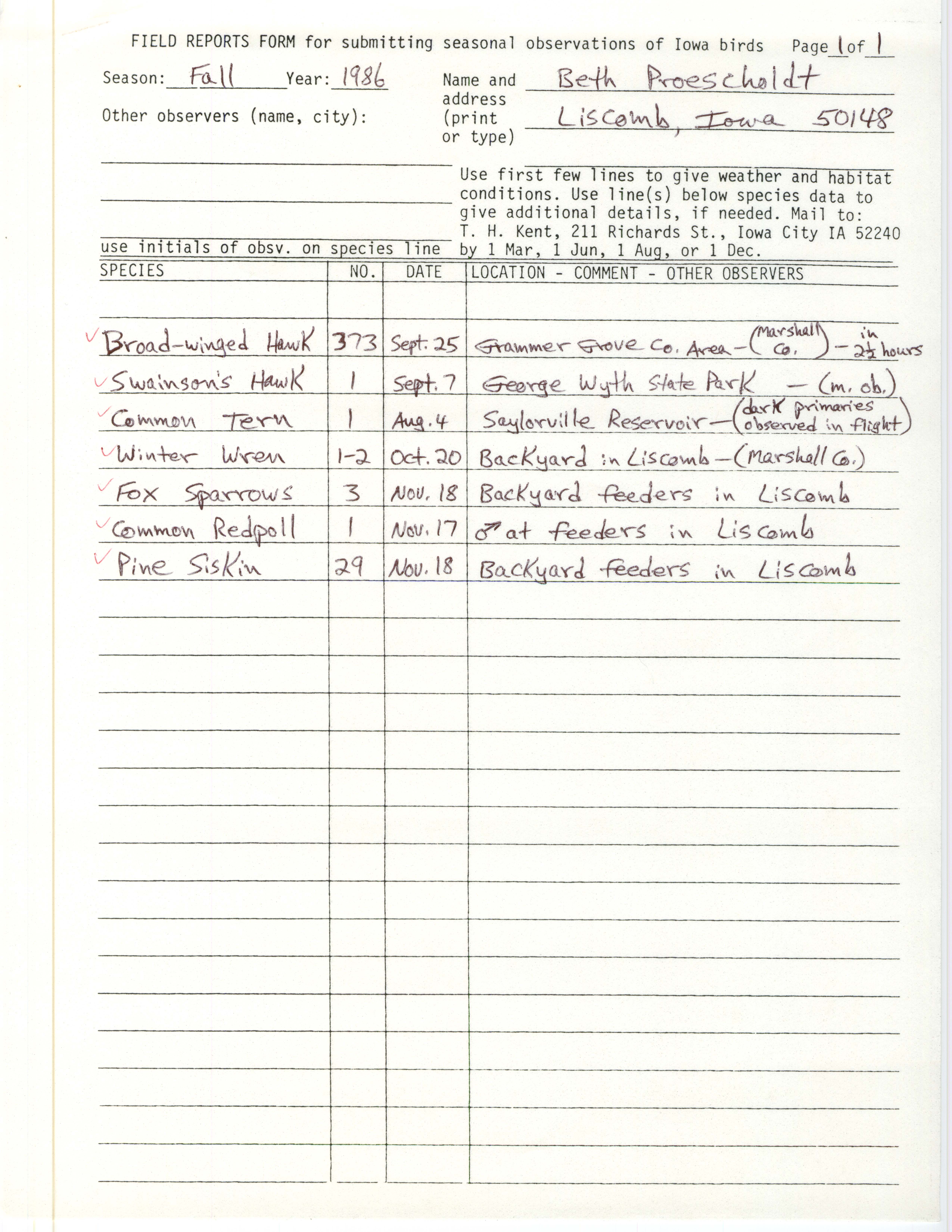 Field reports form for submitting seasonal observations of Iowa birds, Beth Proescholdt, fall 1986