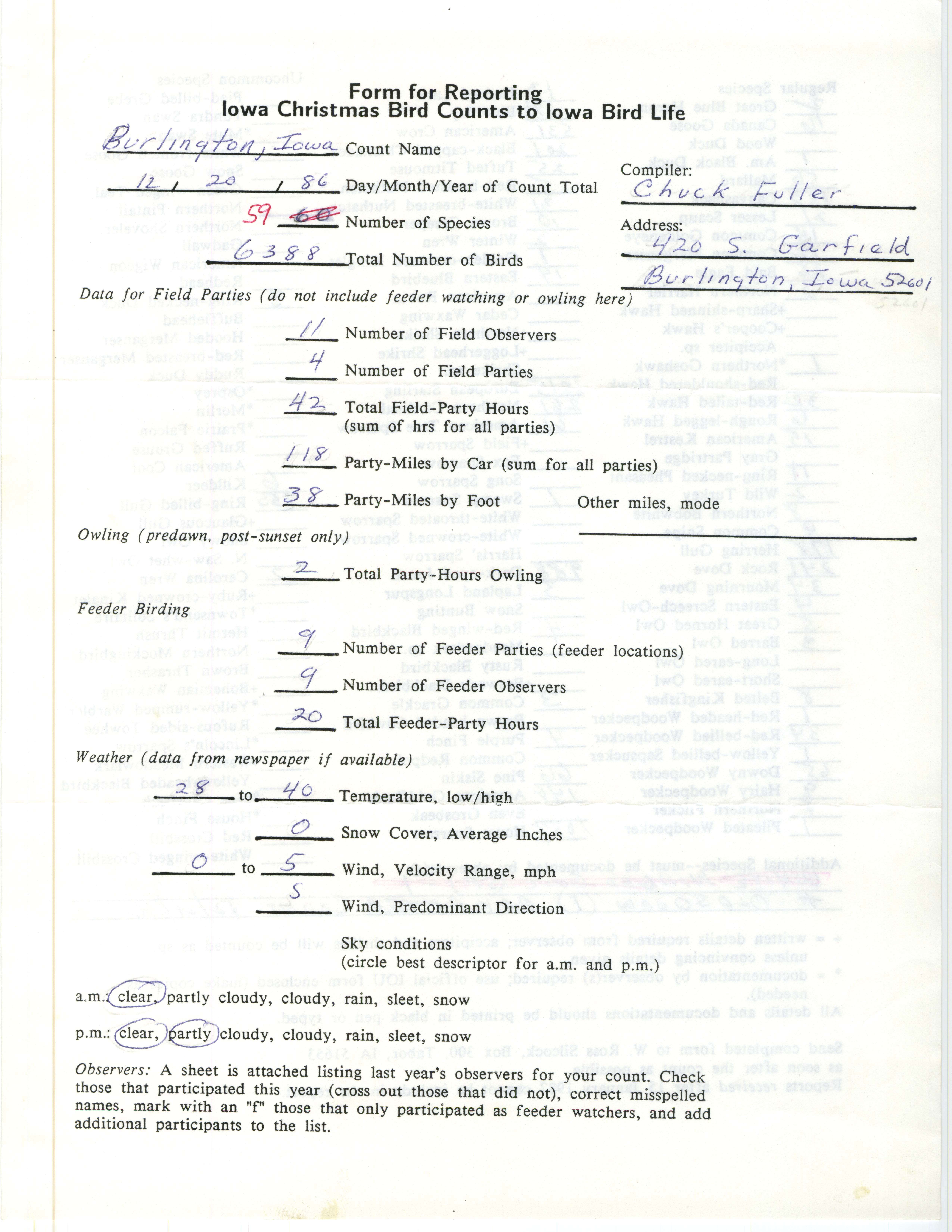 Form for reporting Iowa Christmas bird counts to Iowa Bird Life, Charles Fuller, December 20, 1986