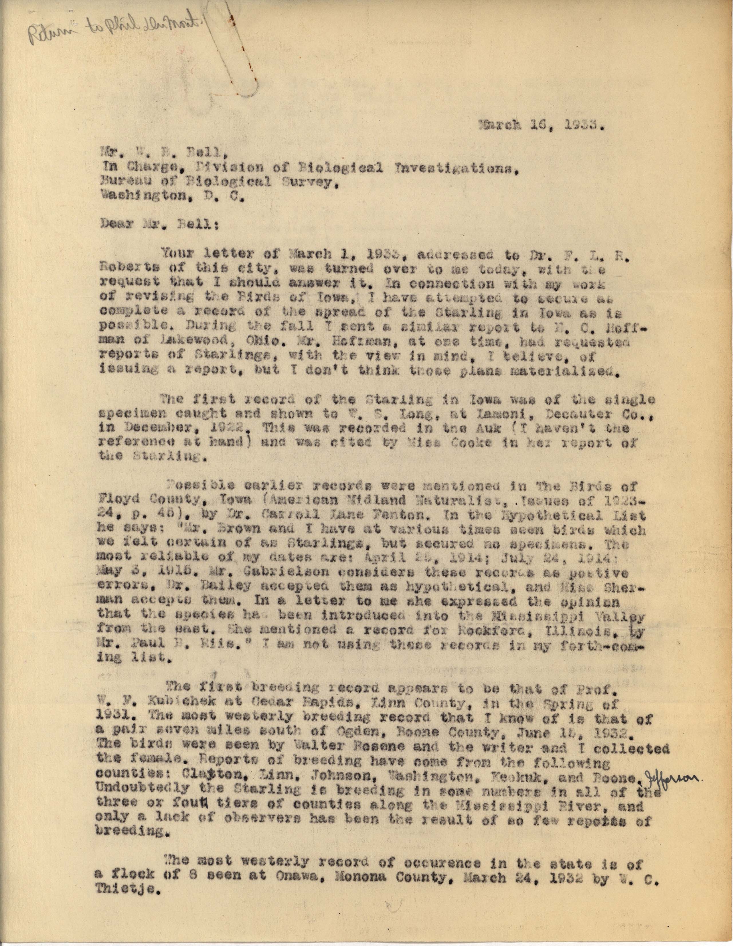 Philip DuMont letter to William Bell regarding Starlings in Iowa, March 16, 1933