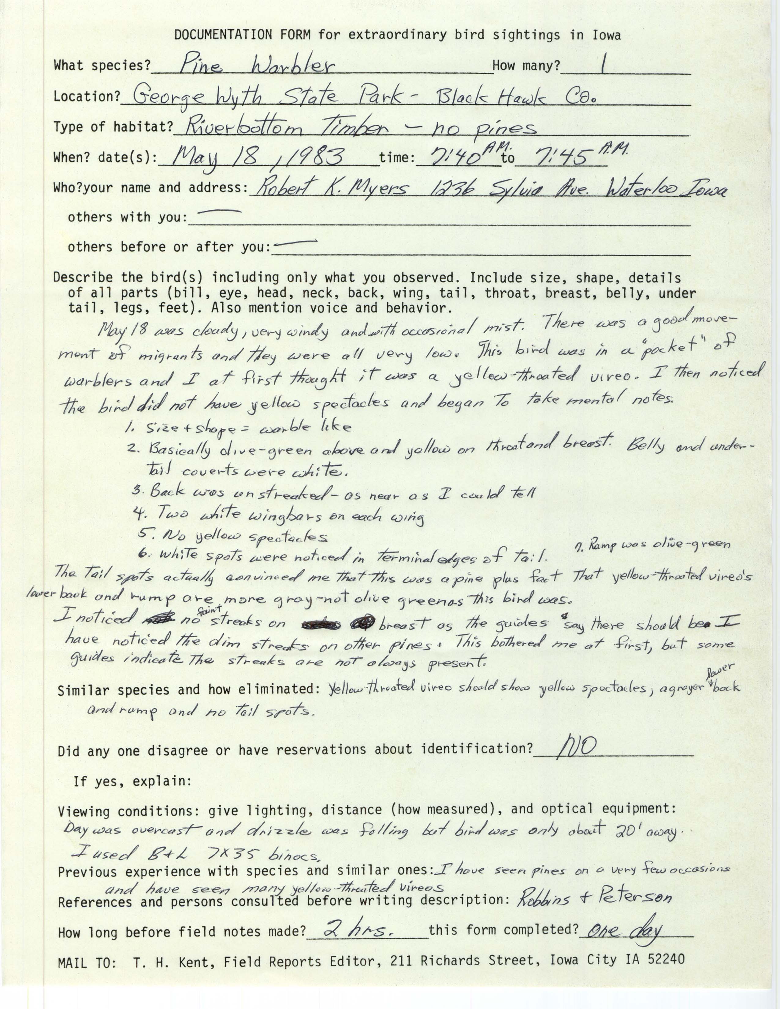 Rare bird documentation form for Pine Warbler at George Wyth State Park, 1983