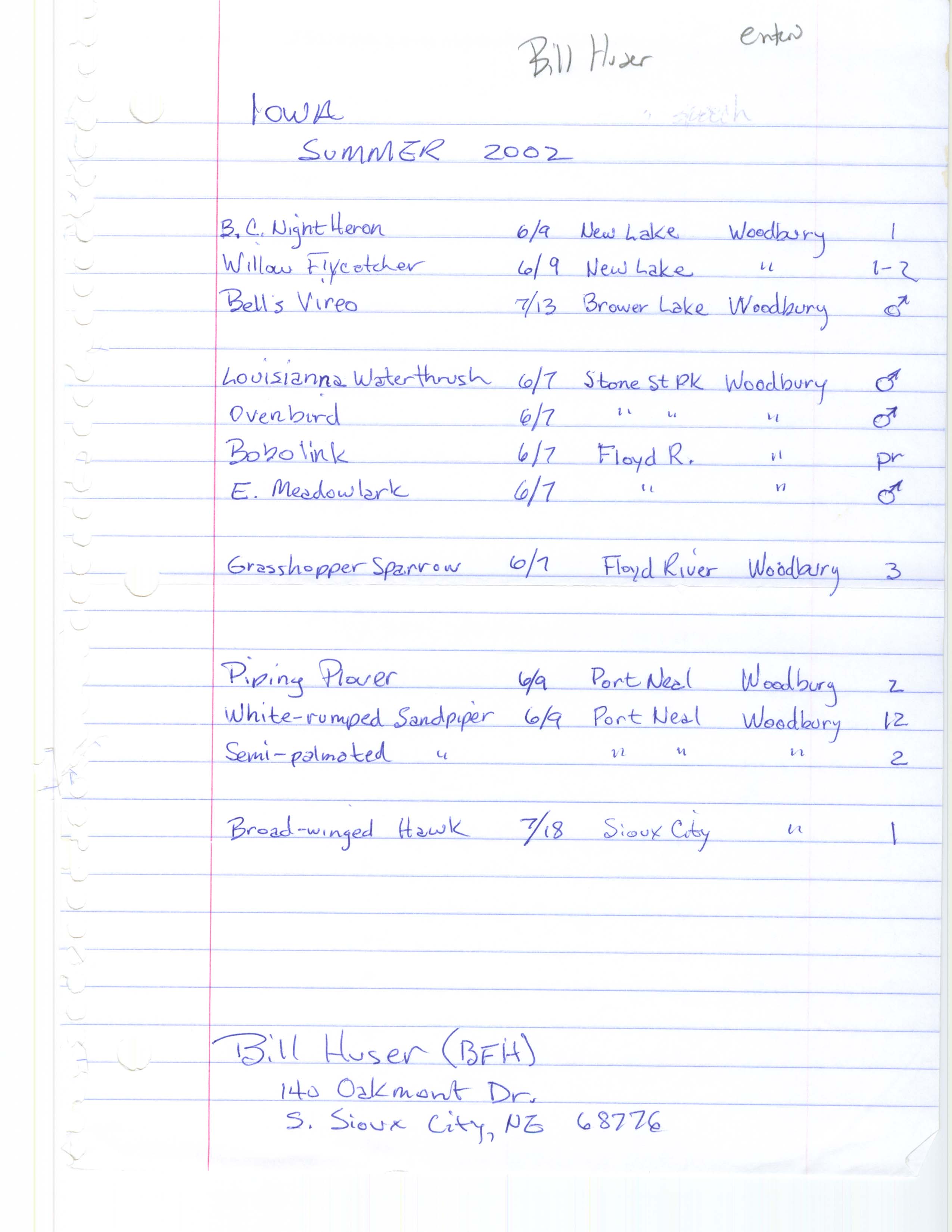 Field notes contributed by Bill F. Huser, summer 2002