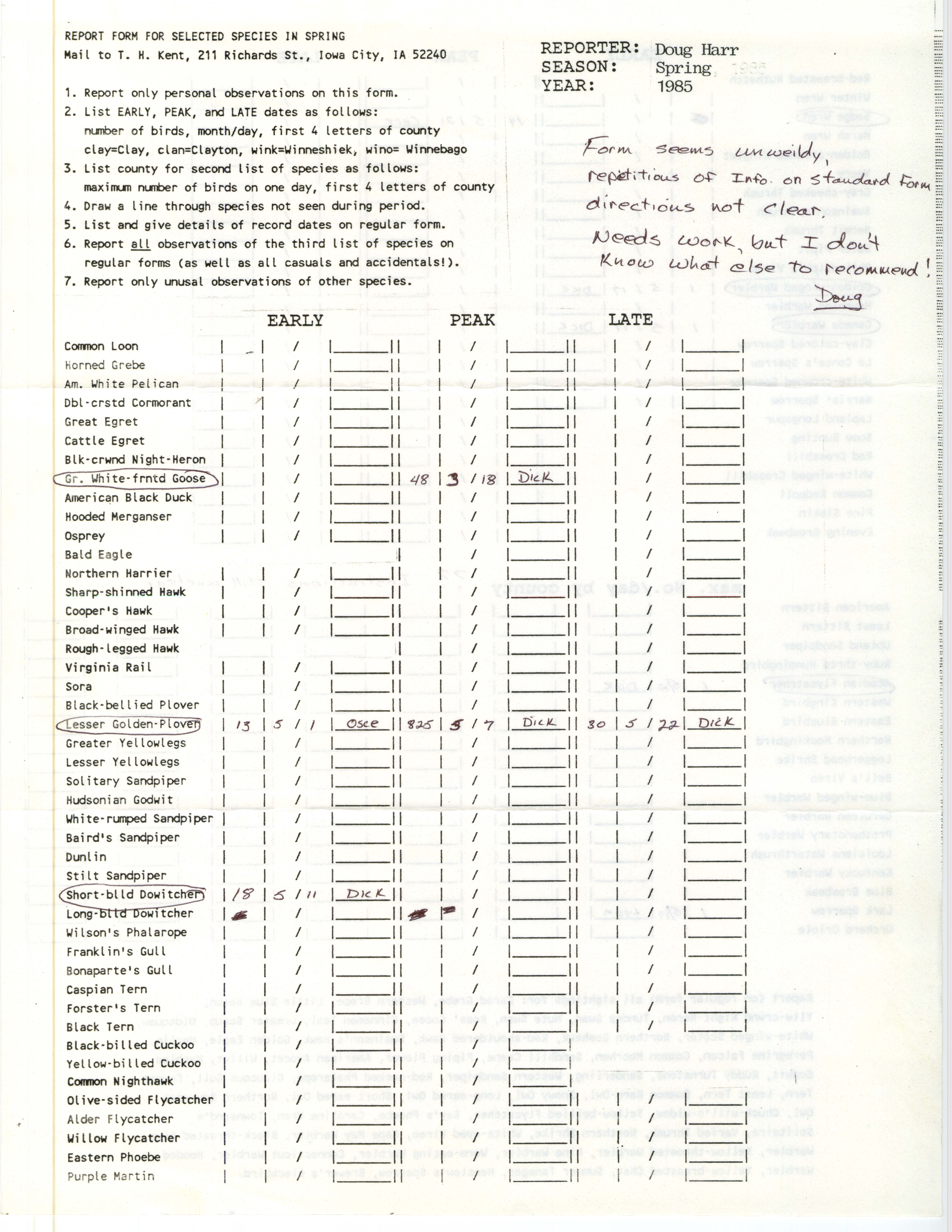Report form for selected species in spring, contributed by Douglas C. Harr, spring 1985